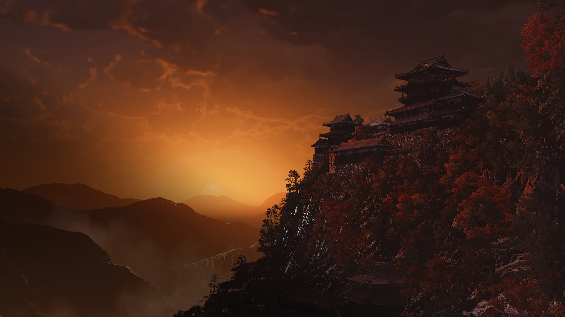 The Genma fortress atop Mount Oe at sunset