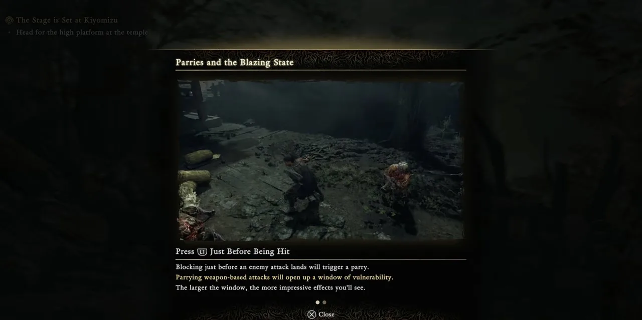 In-game tutorial card explaining parries and the Blazing State
