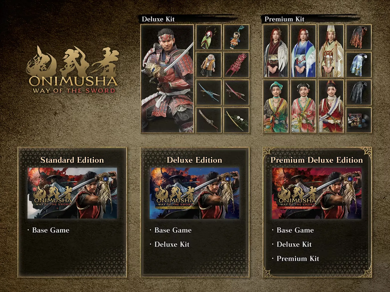 Onimusha: Way of the Sword edition overview showing Standard, Deluxe and Premium Deluxe contents