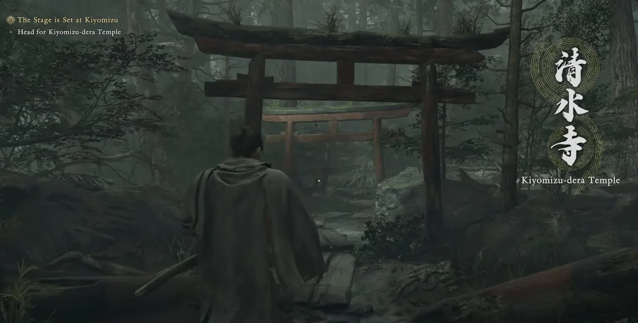 Miyamoto Musashi before a torii gate at Kiyomizu-dera Temple