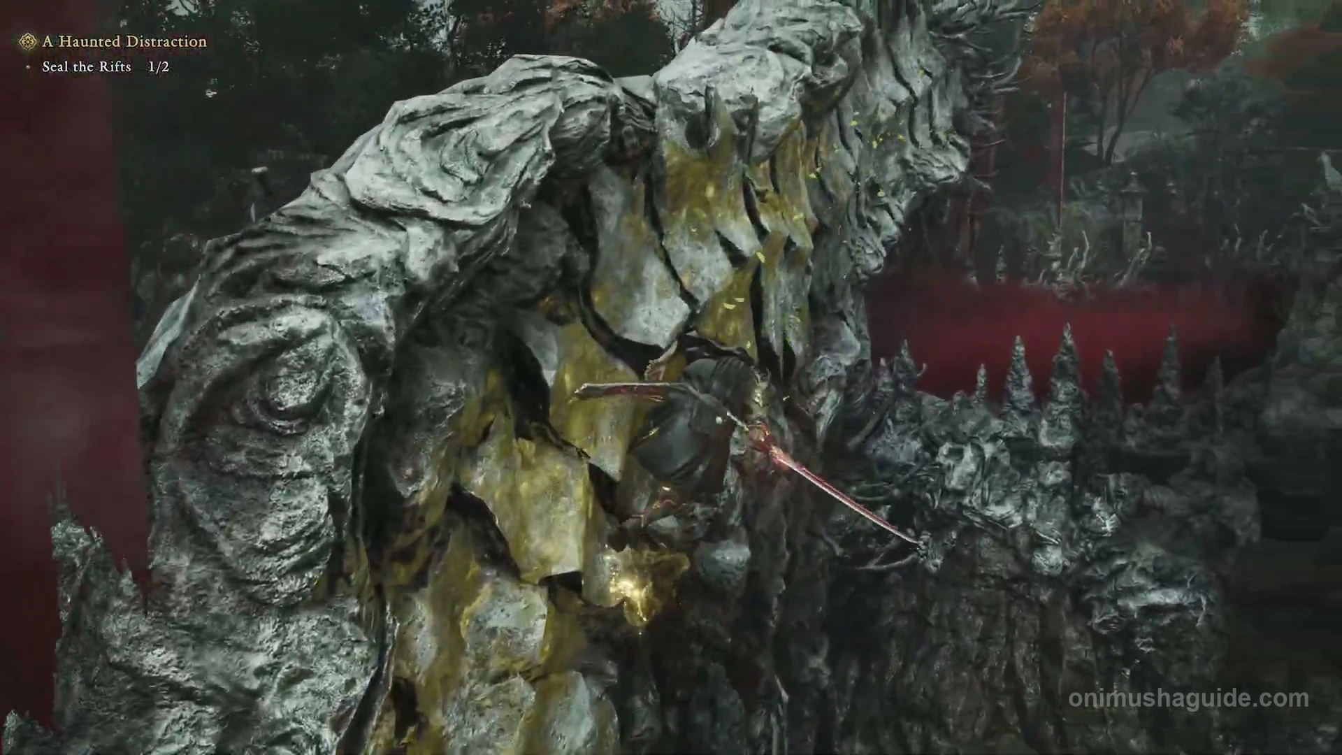 Golden wall crossing from the damaged roof into the second Rift's red-mist arena