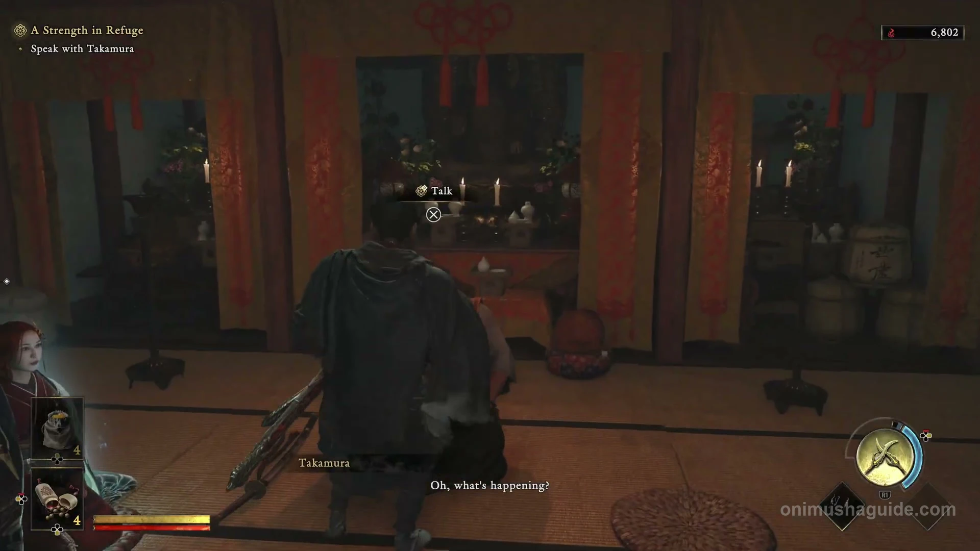 Takamura seated in the temple's main room with the Cross Talk prompt
