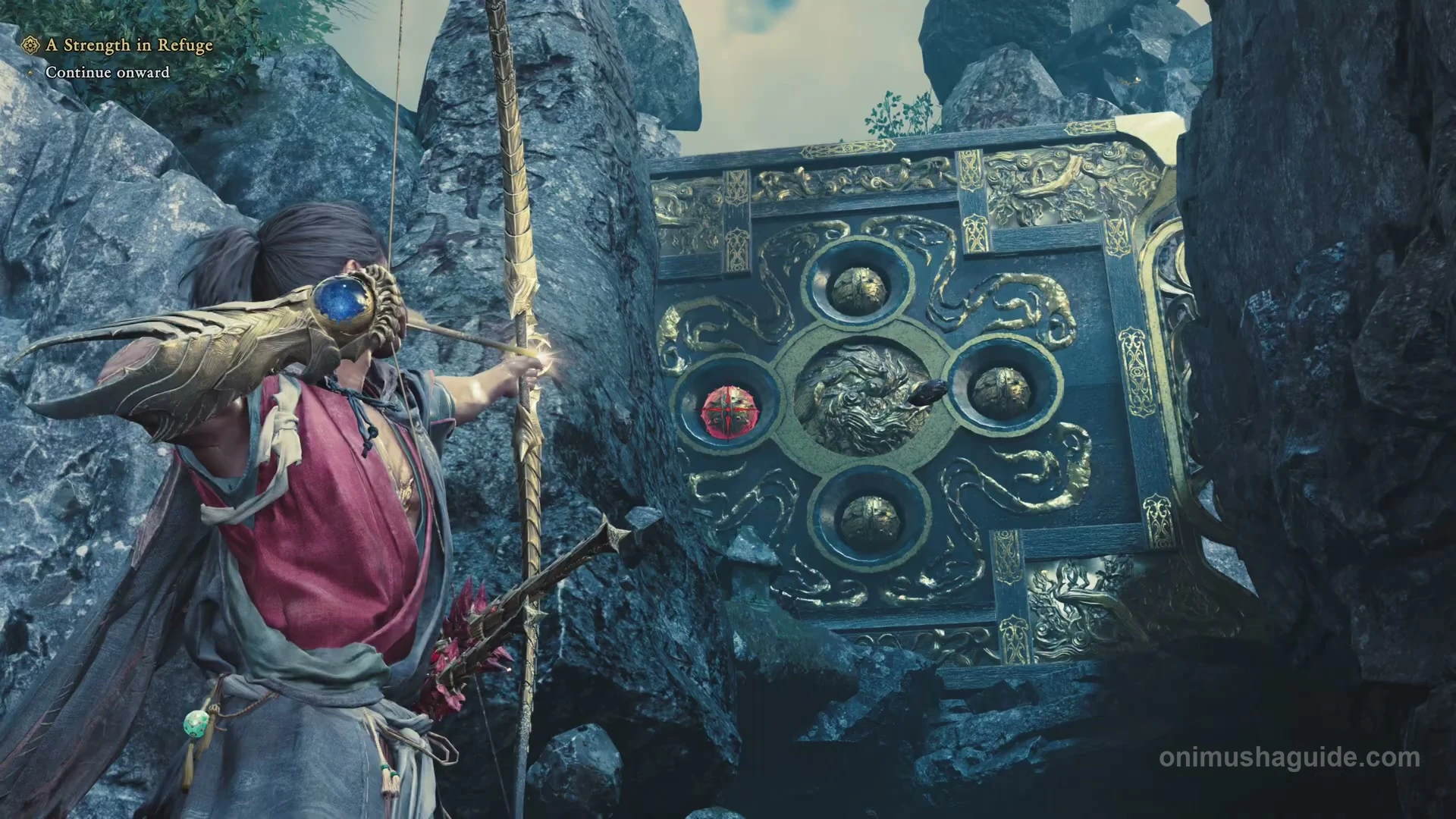 Oni Bow aimed at the glowing red core left of the central face on the ornate block