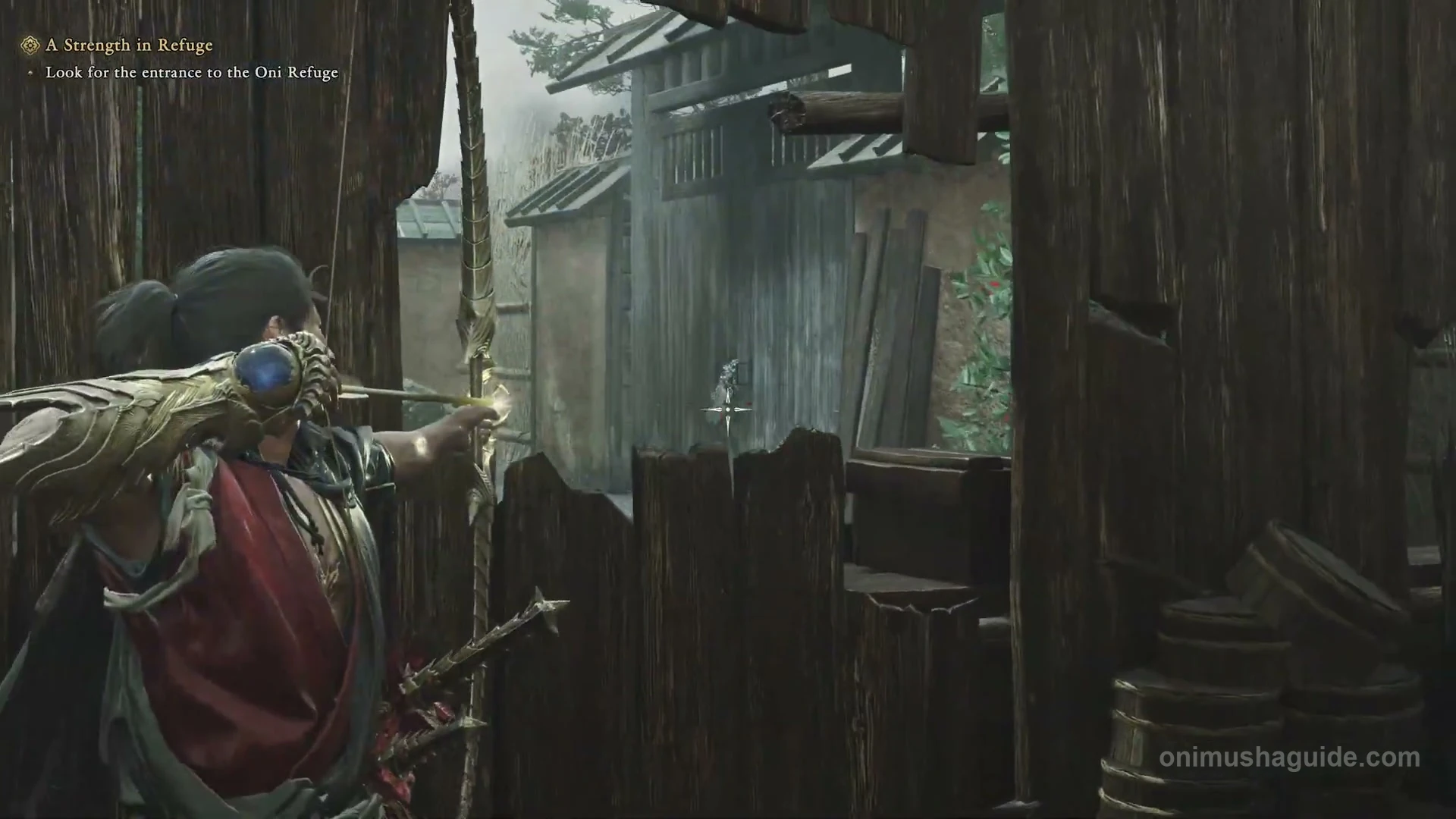 Oni Bow aimed through the broken fence at the lock on the far side of the courtyard gate