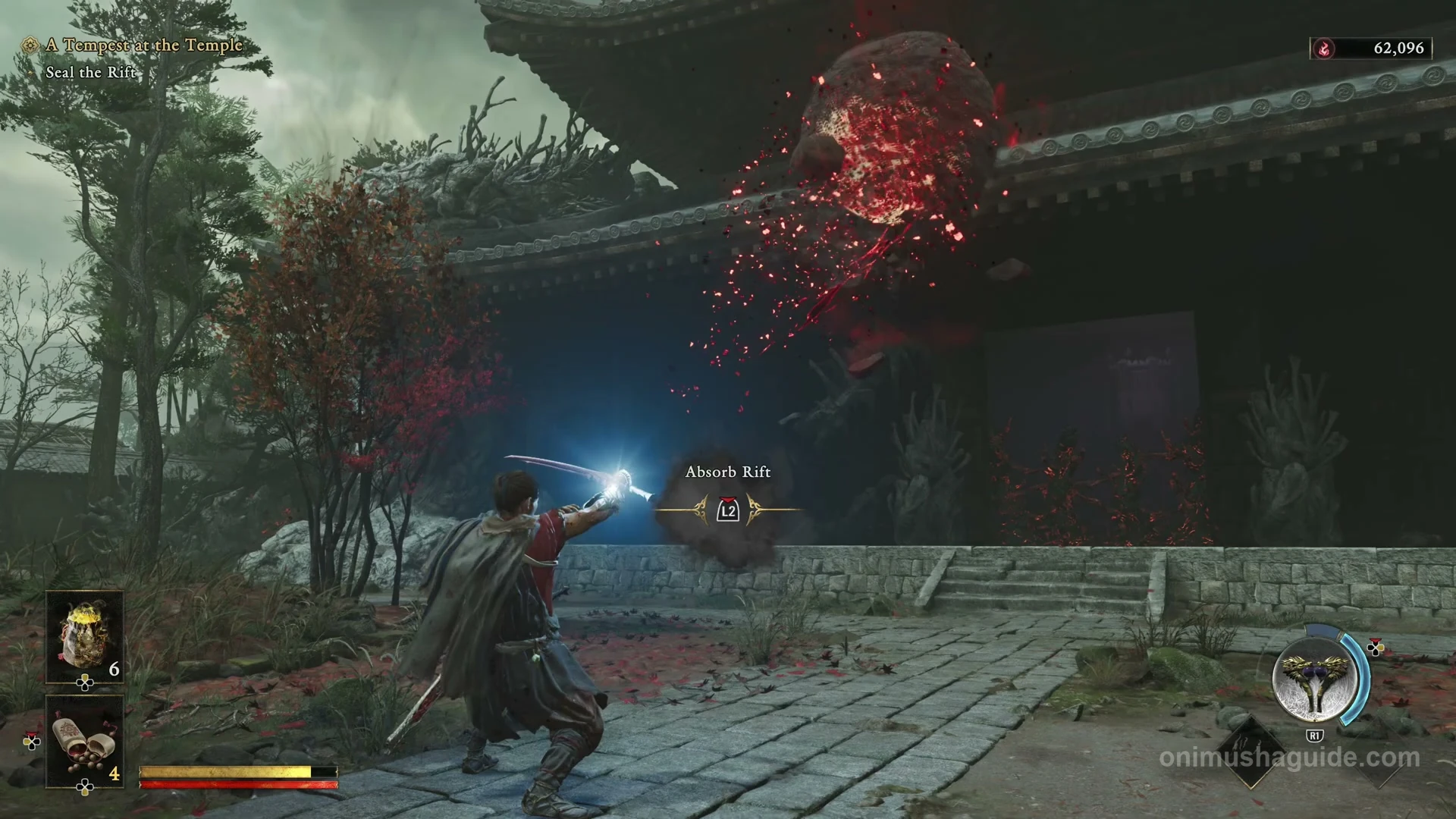 L2 Absorb Rift prompt above the Dharma Hall entrance after the courtyard battle