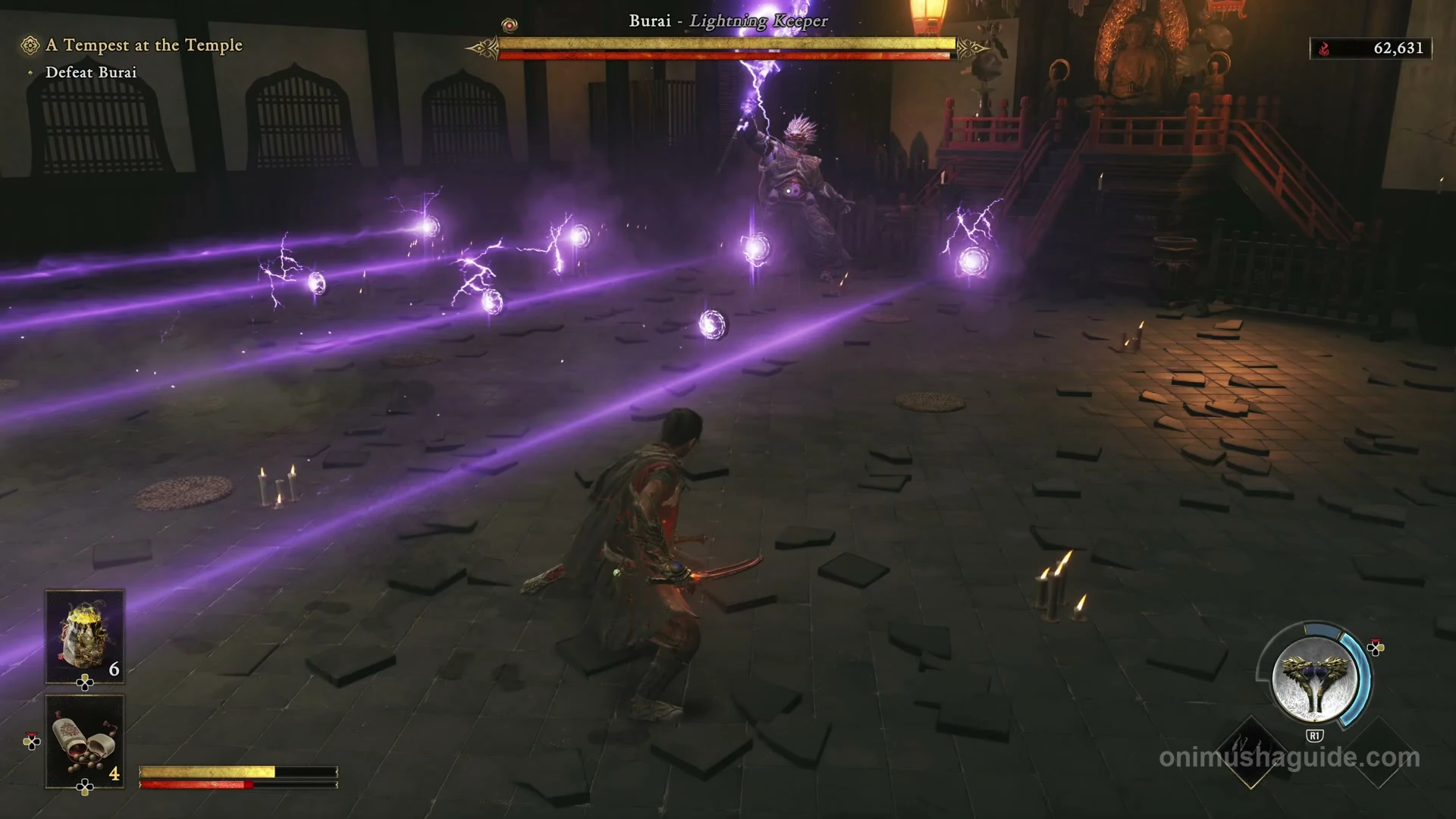 Burai's purple lightning orbs sending a spread of beams across the Dharma Hall floor
