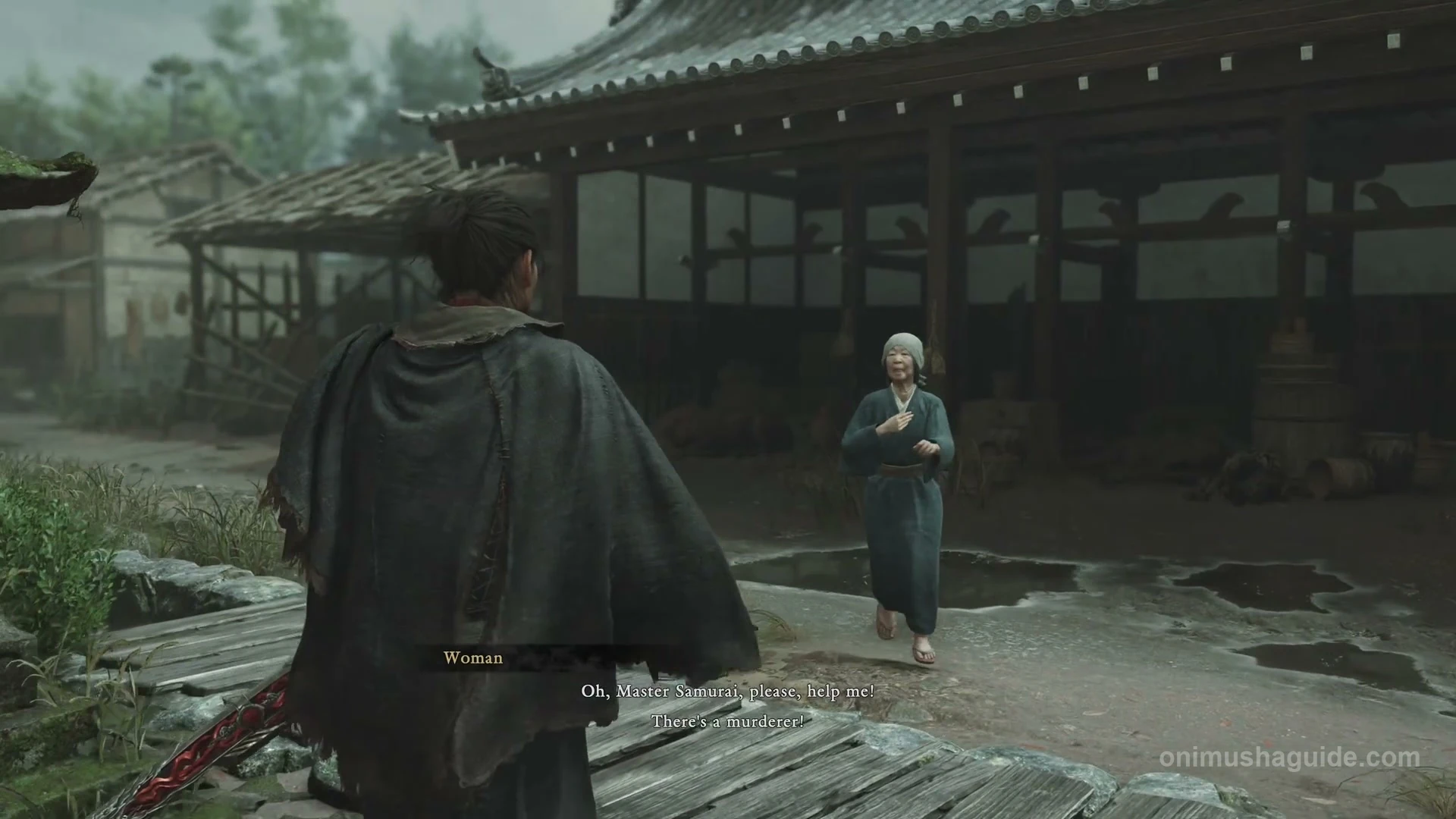 Woman in blue approaching Musashi outside the Kennin-ji Temple gate after Burai's defeat