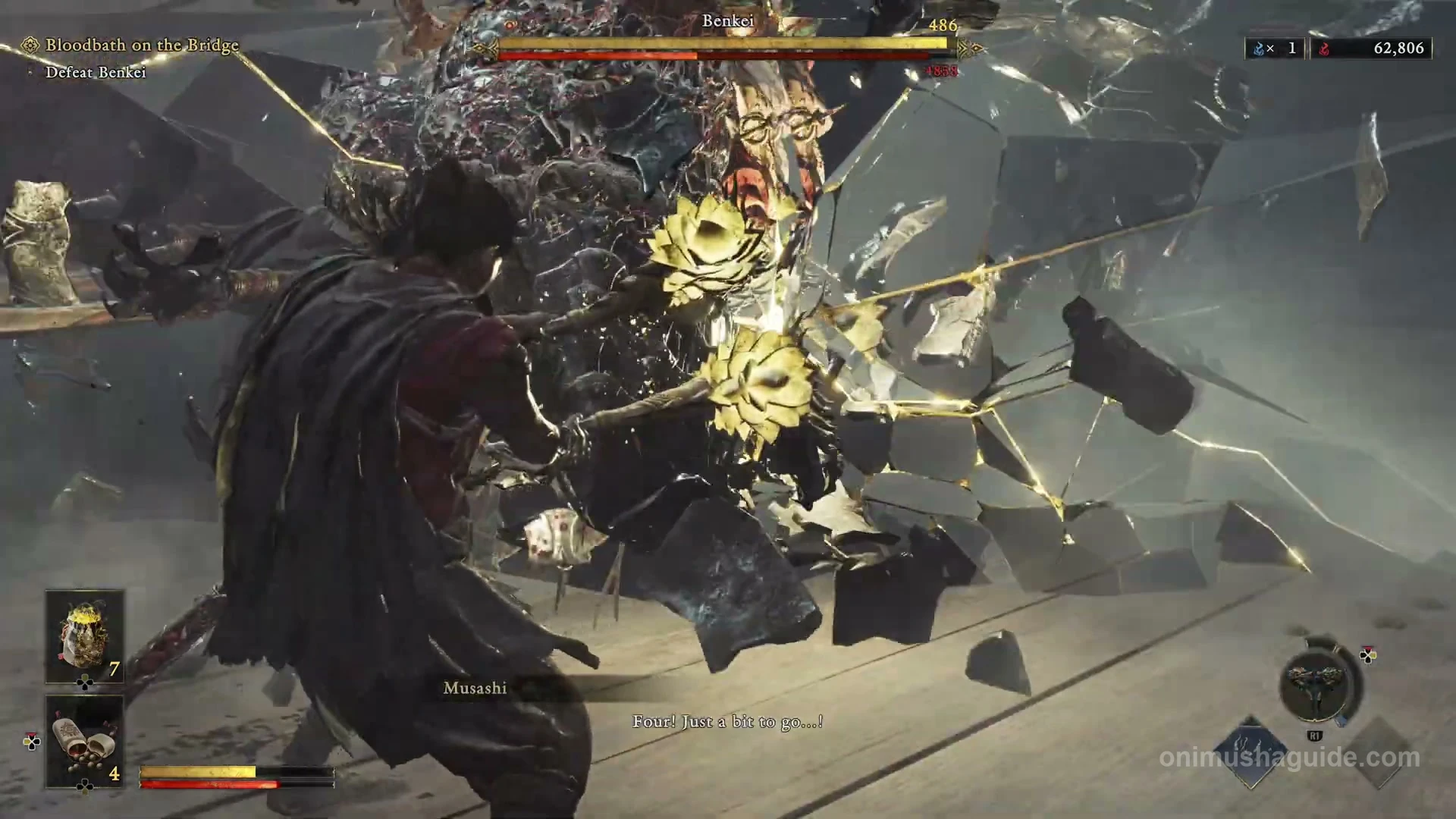 Benkei's black armor shattering after an Earth-Shakers hammer strike