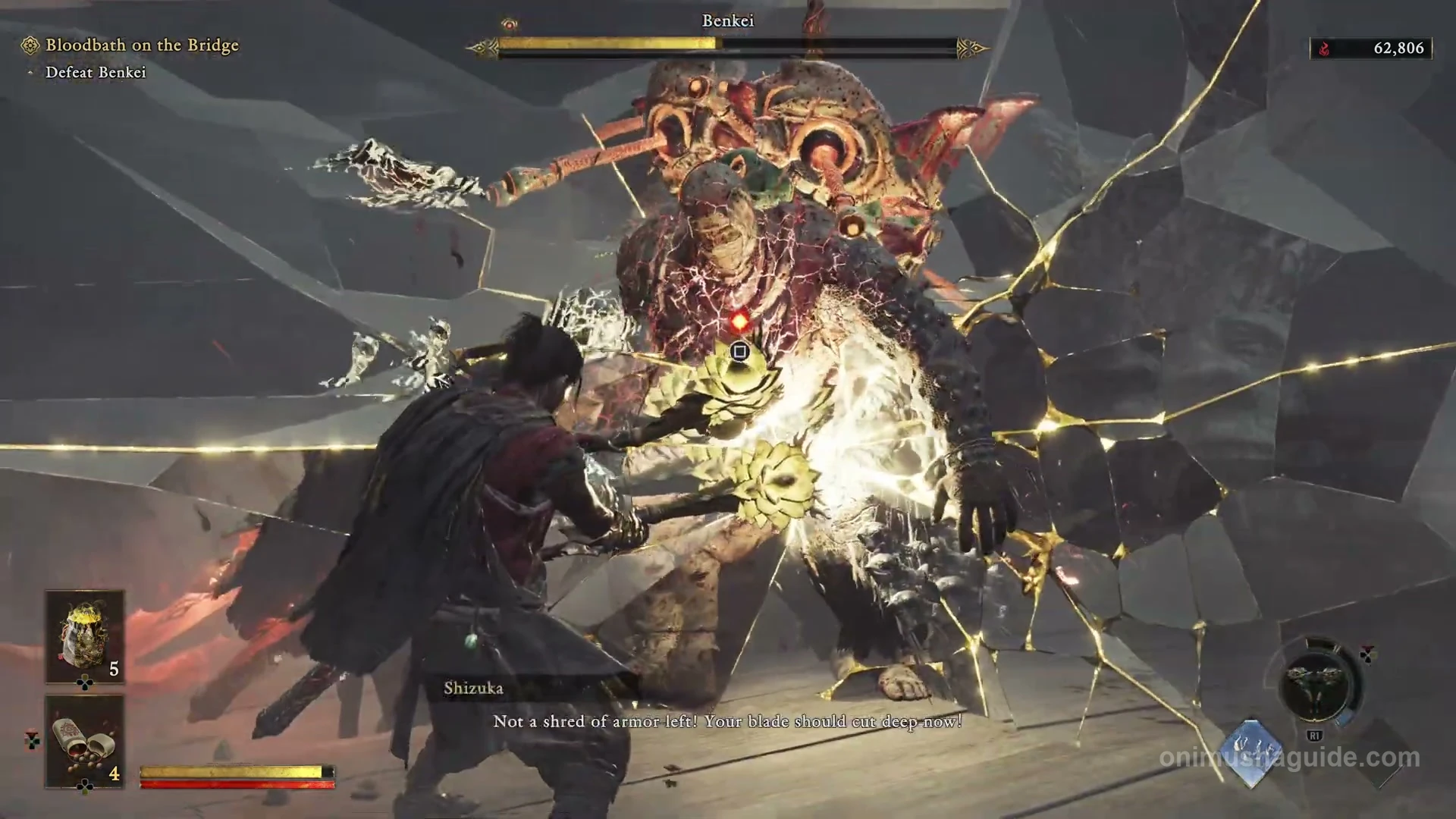 Square prompt over a glowing weak point on Benkei during the bridge battle