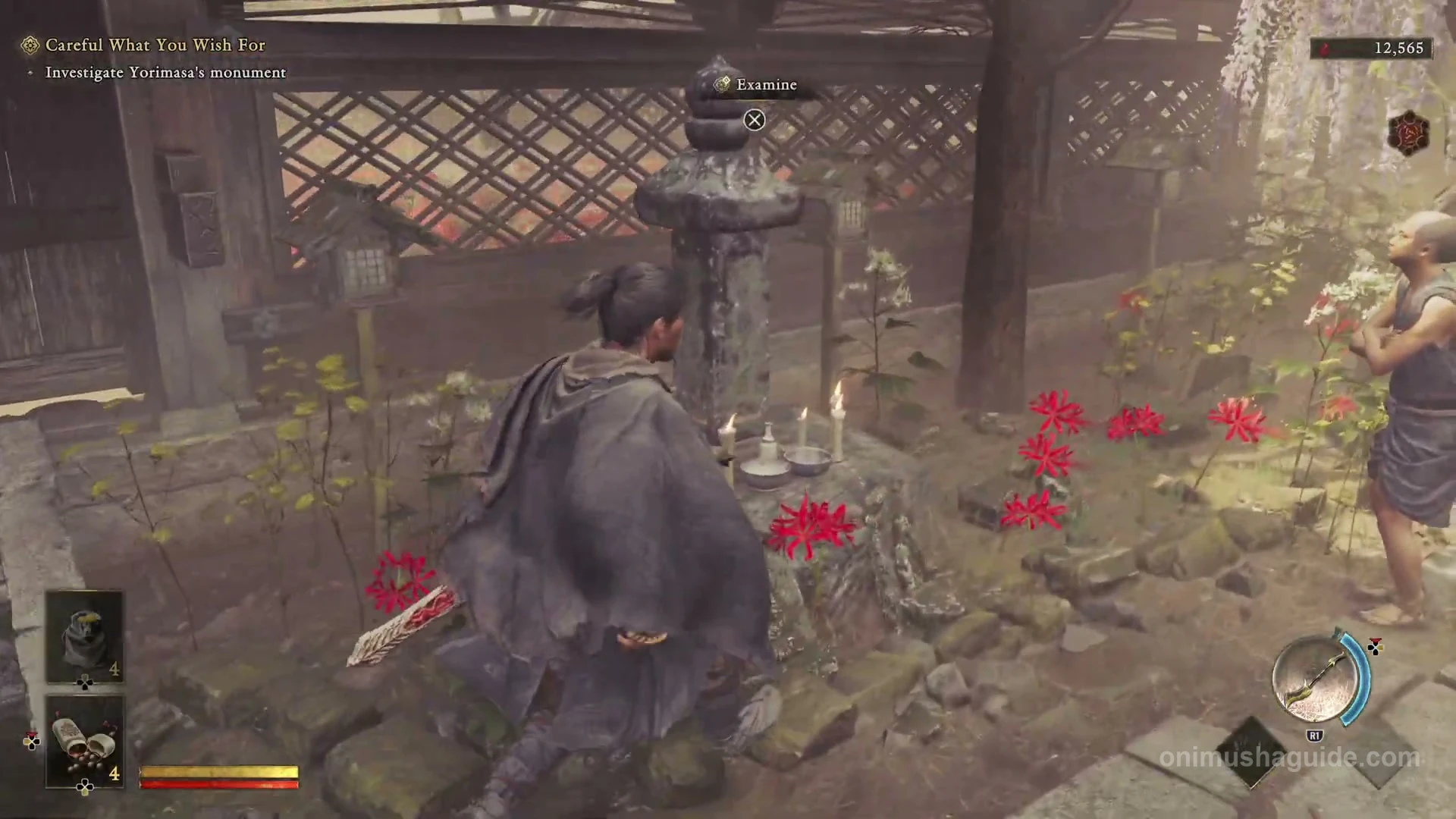 Yorimasa's candle-surrounded monument with the Cross Examine prompt beside the lattice wall