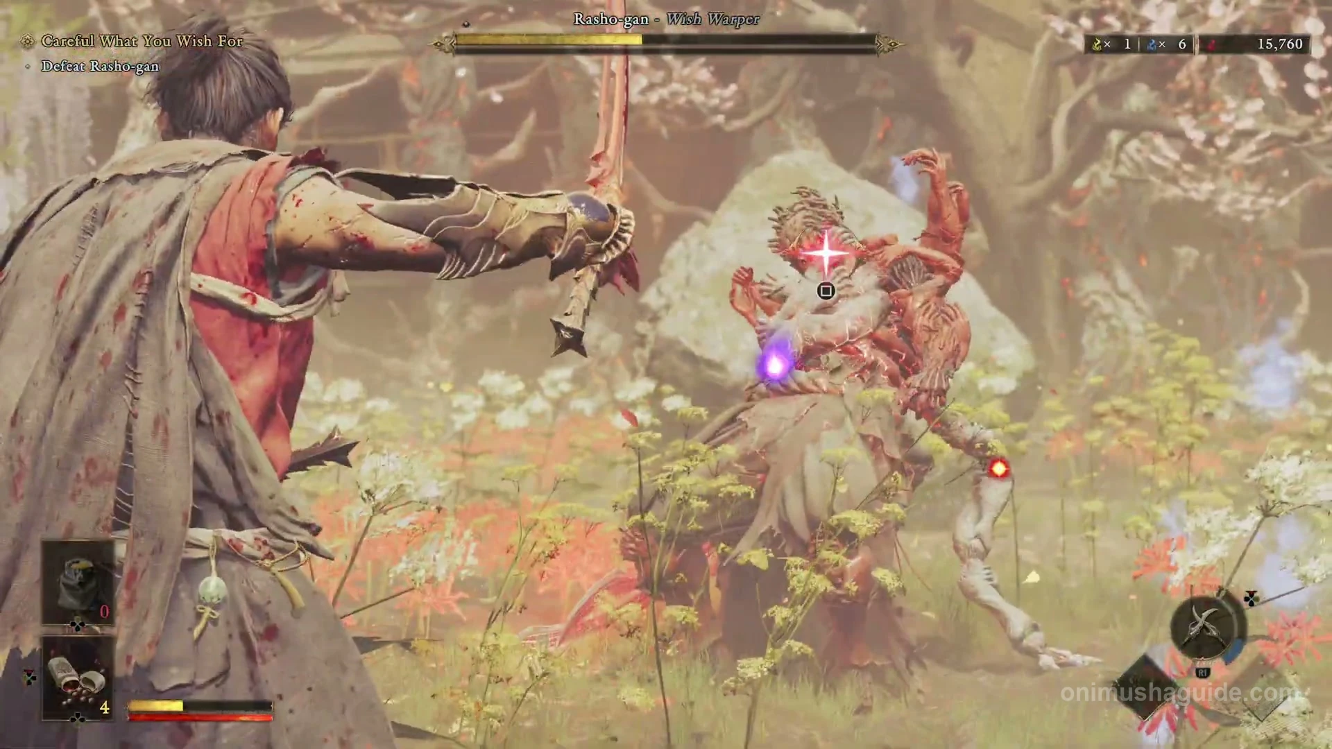 Rasho-gan with a red weak-point marker and the Square attack prompt during the fight
