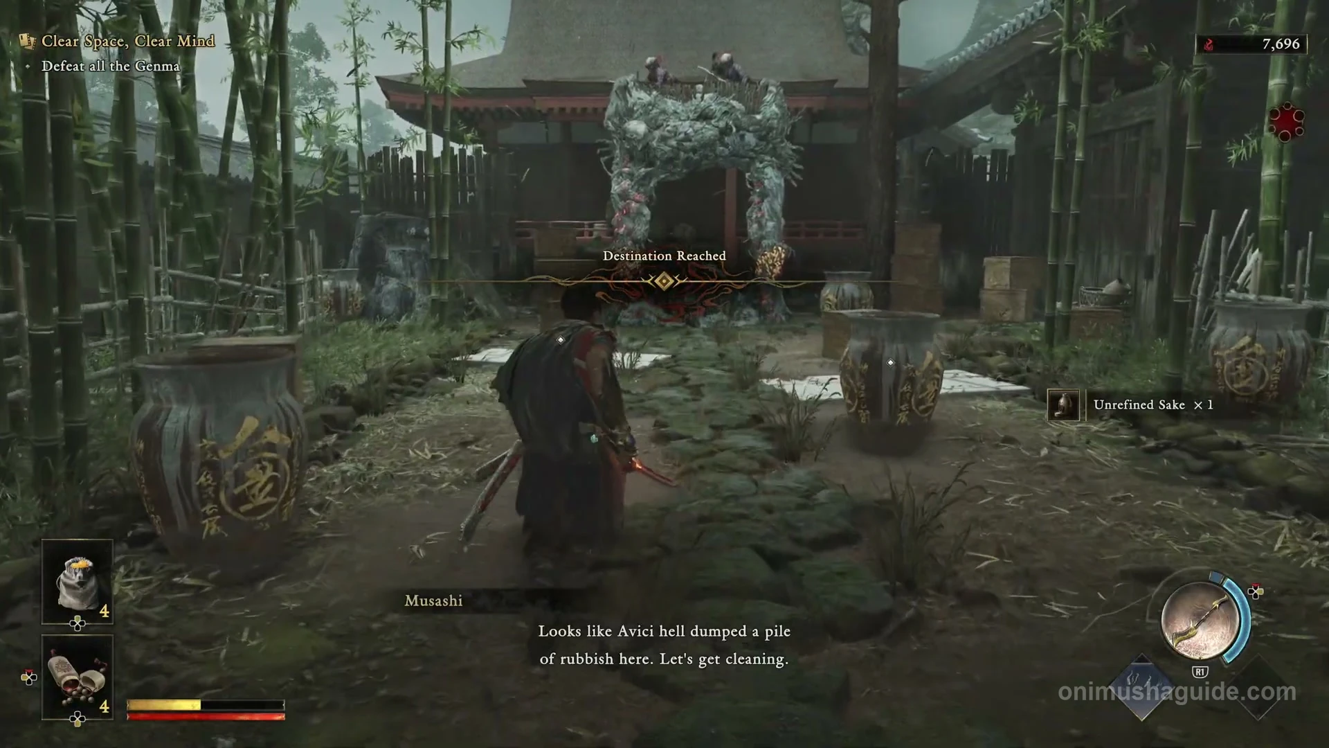 Target courtyard in front of a red shrine and corrupted stone arch