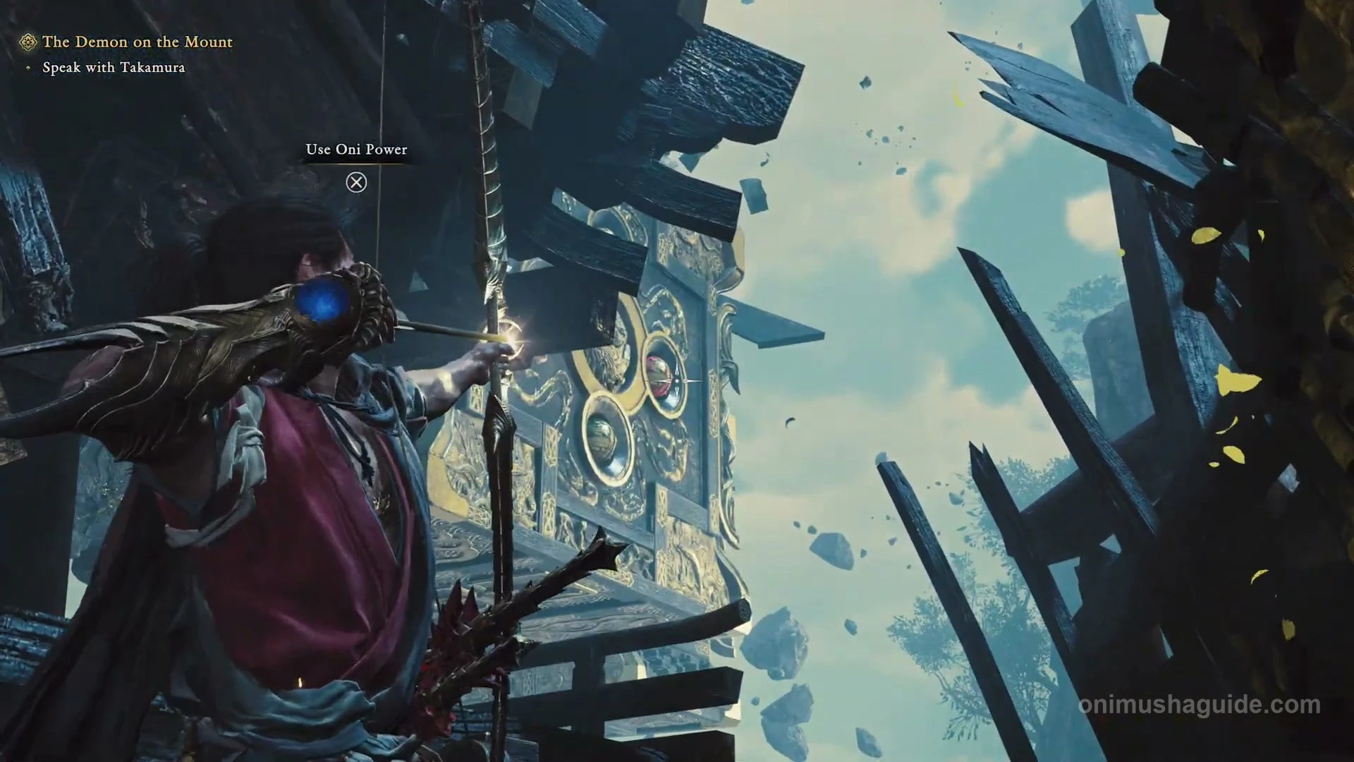 Third bow-target angle through broken timbers after circling the tower roof