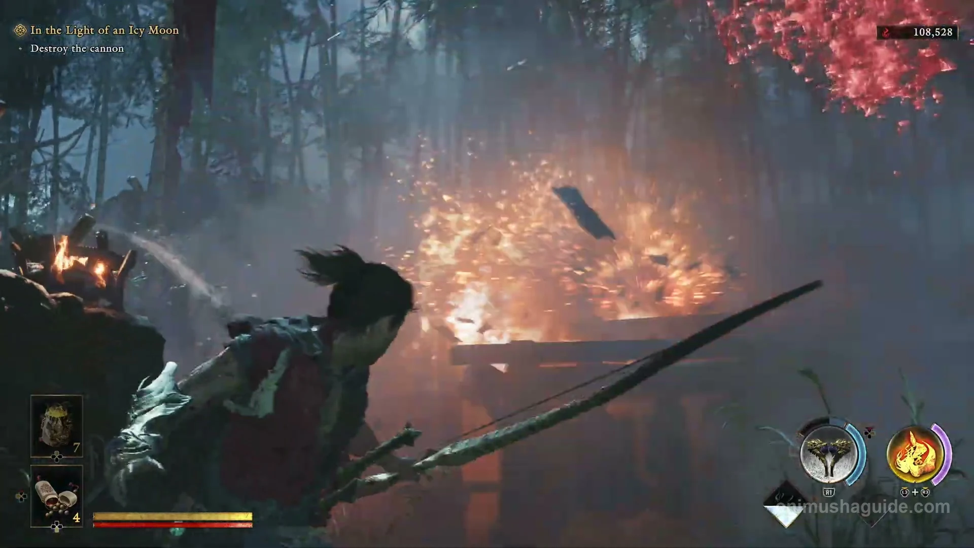 Explosive supplies bursting above the first cannon area's wooden gate