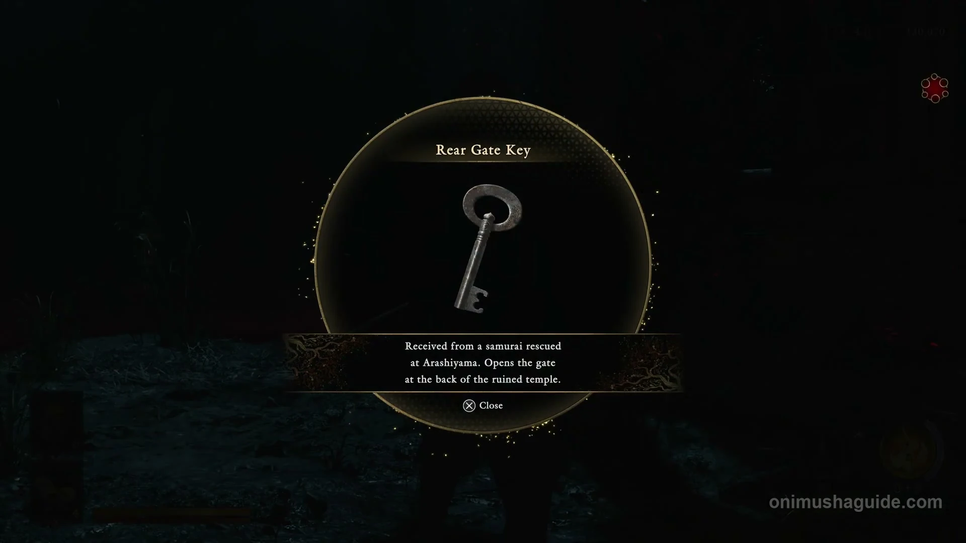 Rear Gate Key reward from the rescued samurai, described as opening the ruined temple's rear gate