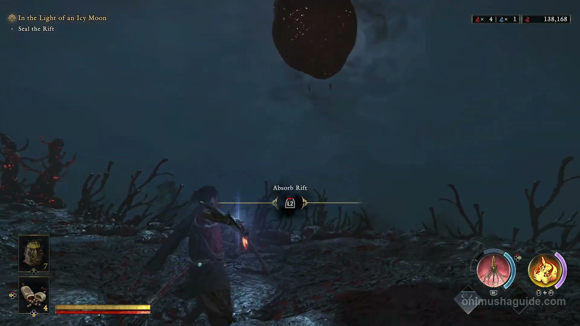 L2 Absorb Rift prompt on the lower tower approach after the ranged enemies are cleared