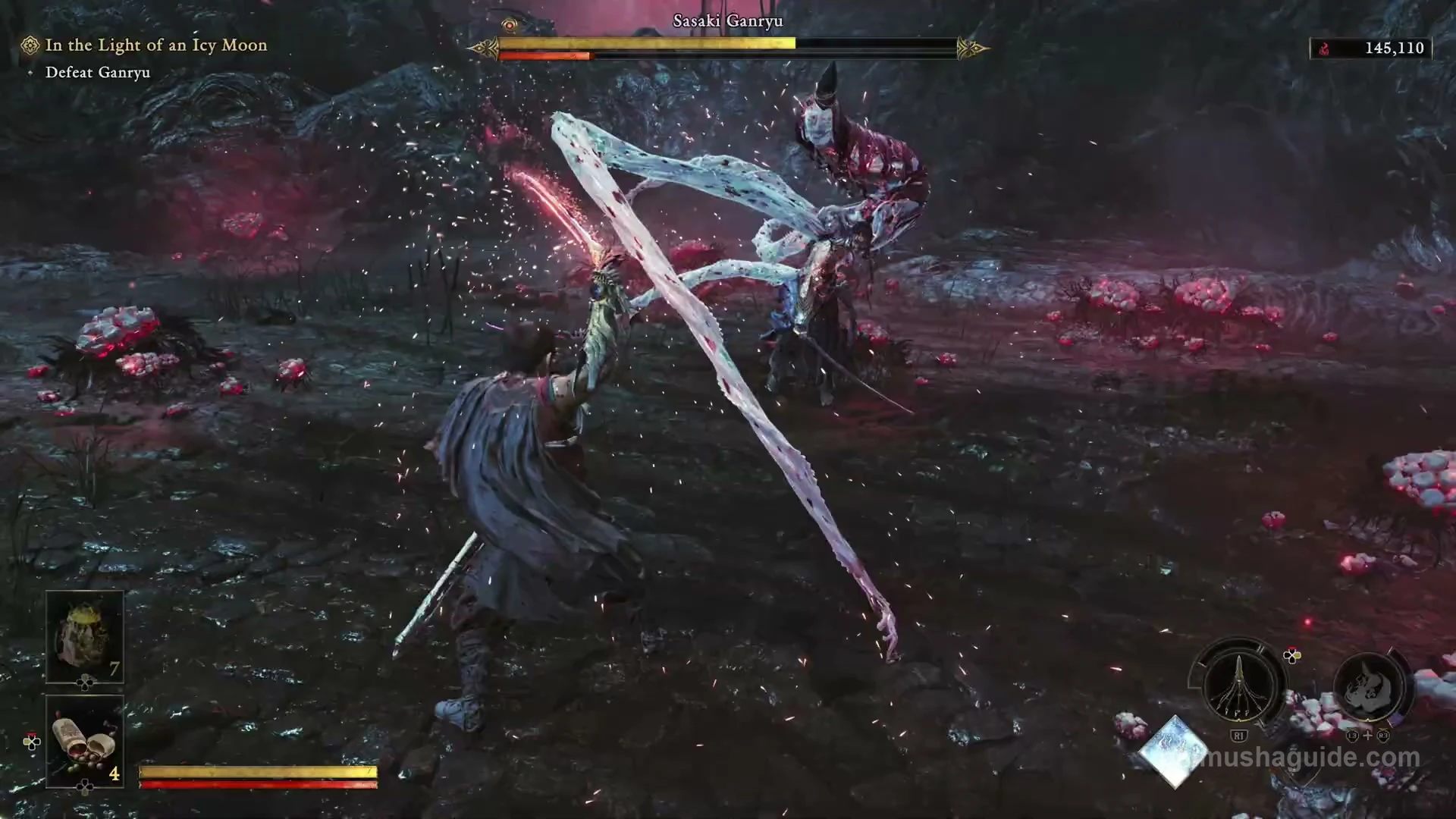 Sasaki Ganryu attacking with multiple arms and purple blades in the swamp arena