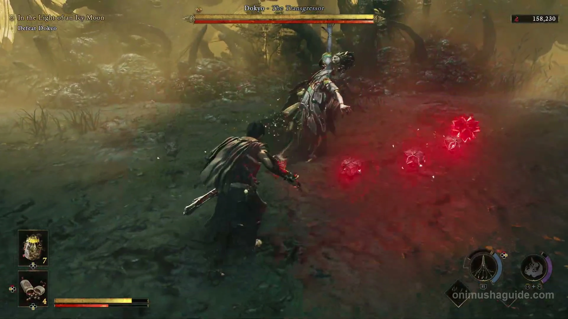 Dokyo's red projectile pattern crossing the open arena