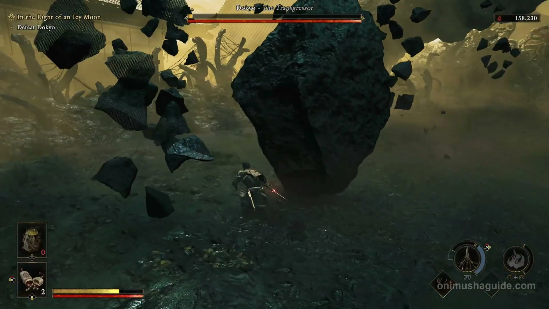 Musashi positioned behind a large floating rock during Dokyo's giant-moon attack
