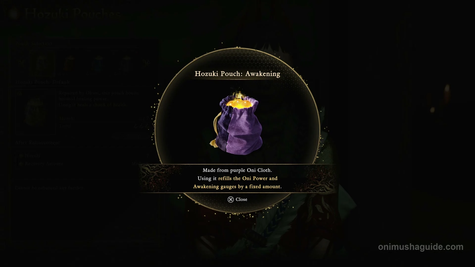 Hozuki Pouch Awakening unlock panel describing fixed Oni Power and Awakening gauge recovery