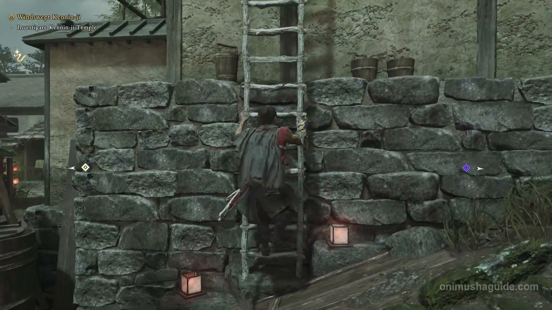 First exterior ladder beside the stone steps near Kiyomizu-zaka Slope's Spirit Mirror