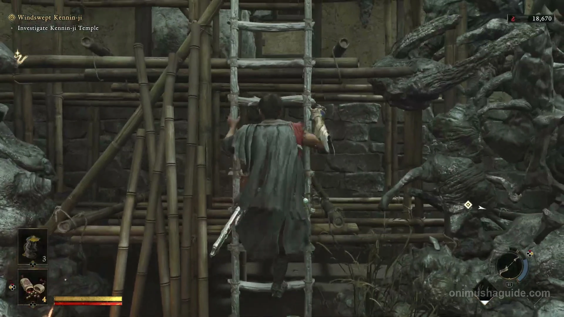 Ladder against the hut and stone wall leading to the roots above the red-lantern courtyard