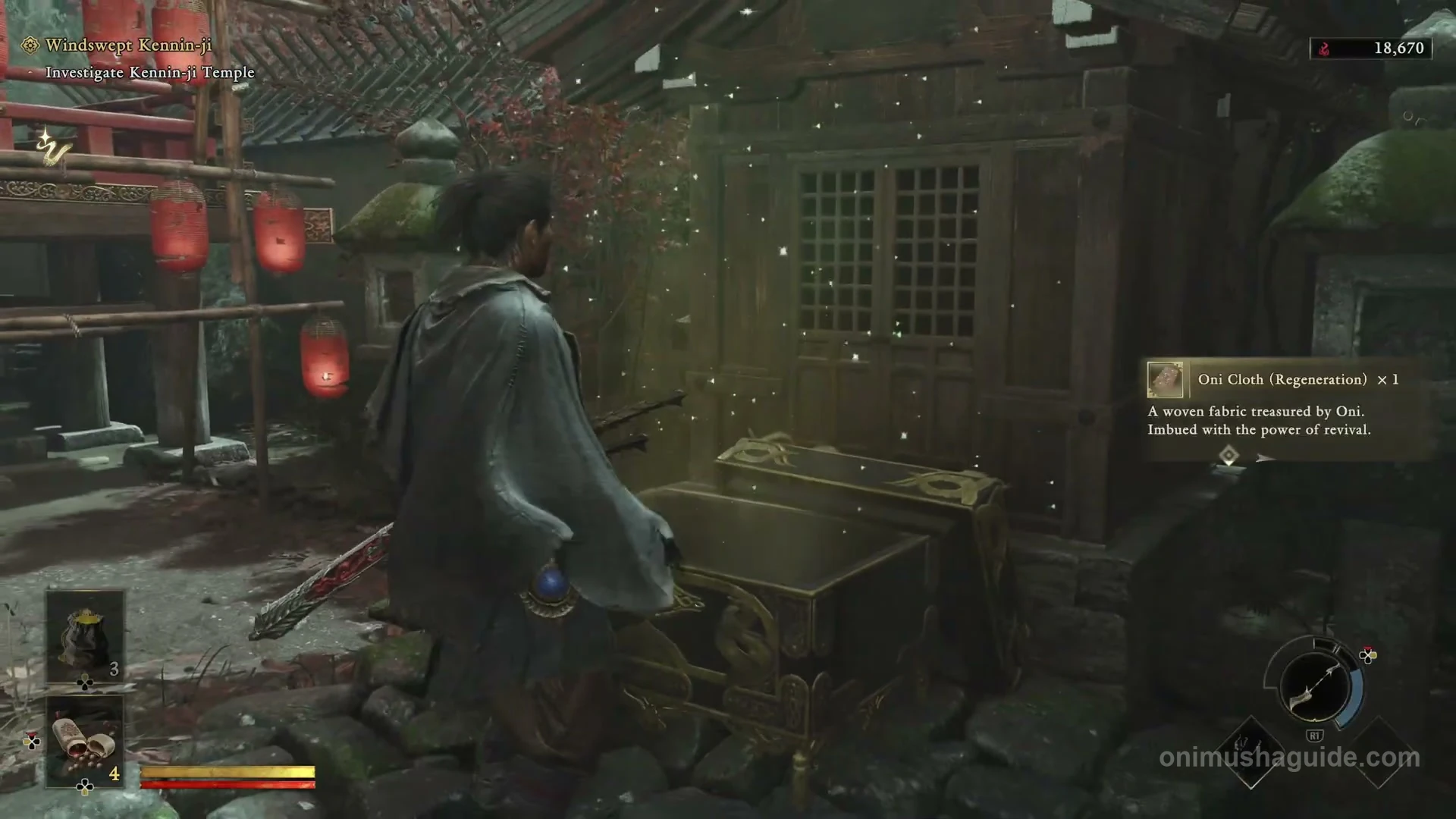 Oni Cloth Regeneration item reward from the ornate chest in front of the small wooden shrine
