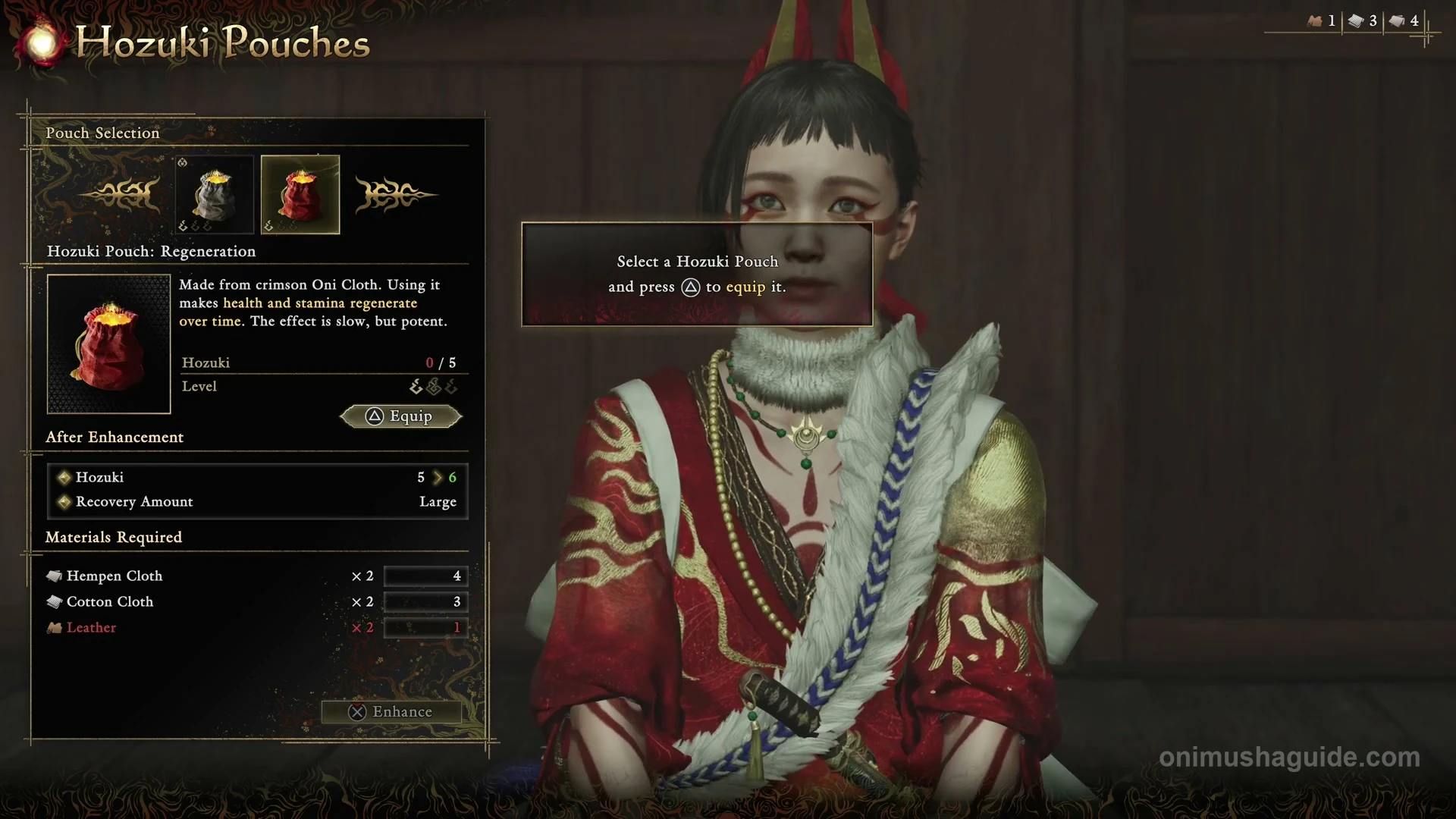 Red Regeneration pouch selected with the Triangle Equip option in Okuni's pouch menu