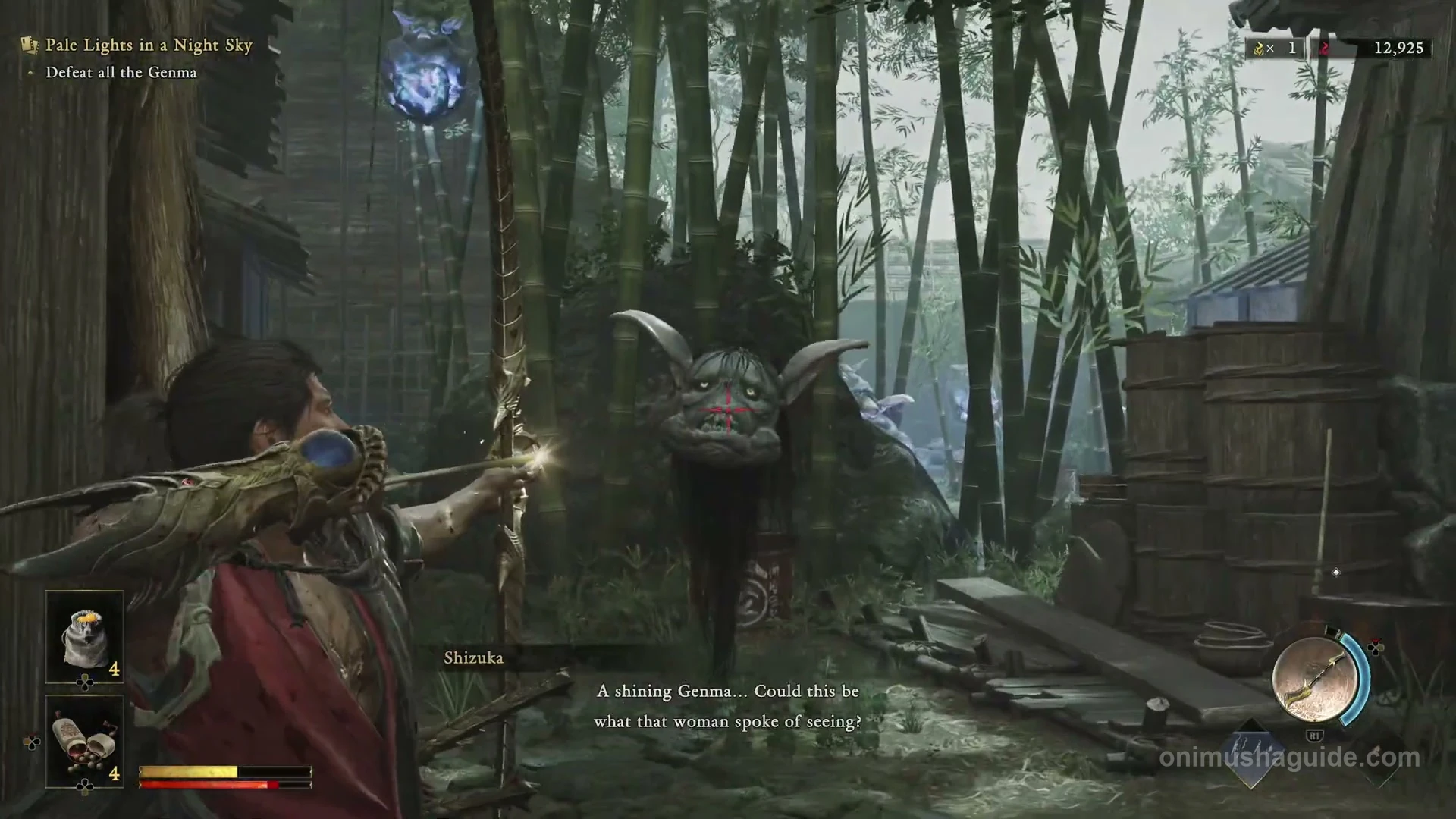 Bow aimed at a floating Genma among the bamboo behind the houses