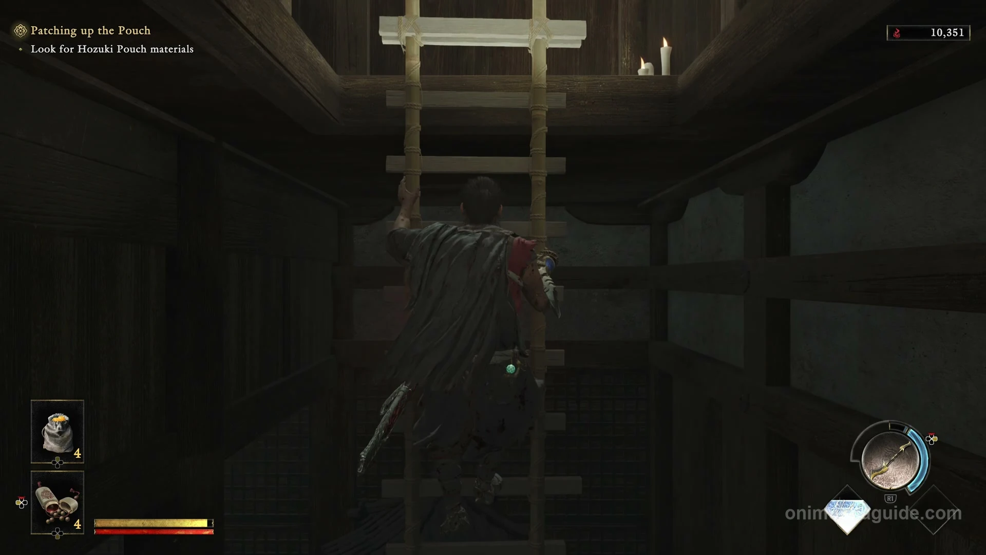 Interior ladder beside the paper-covered room leading up to the old temple attic