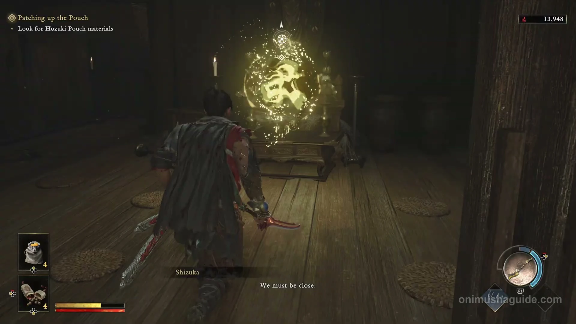 Golden Oni Glyph revealed in the hall above the courtyard's stone steps