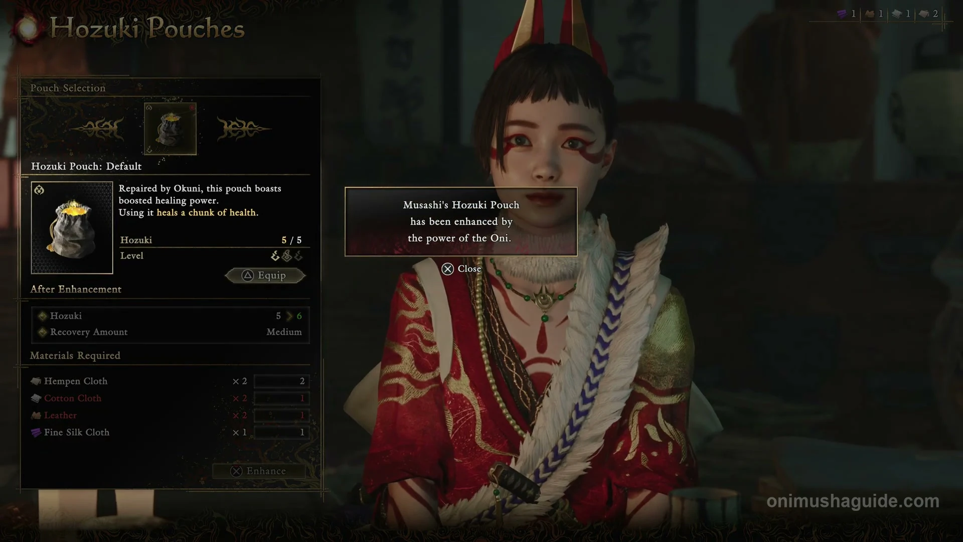 Repaired Default Hozuki Pouch showing current 5 out of 5 and a separate future enhancement preview