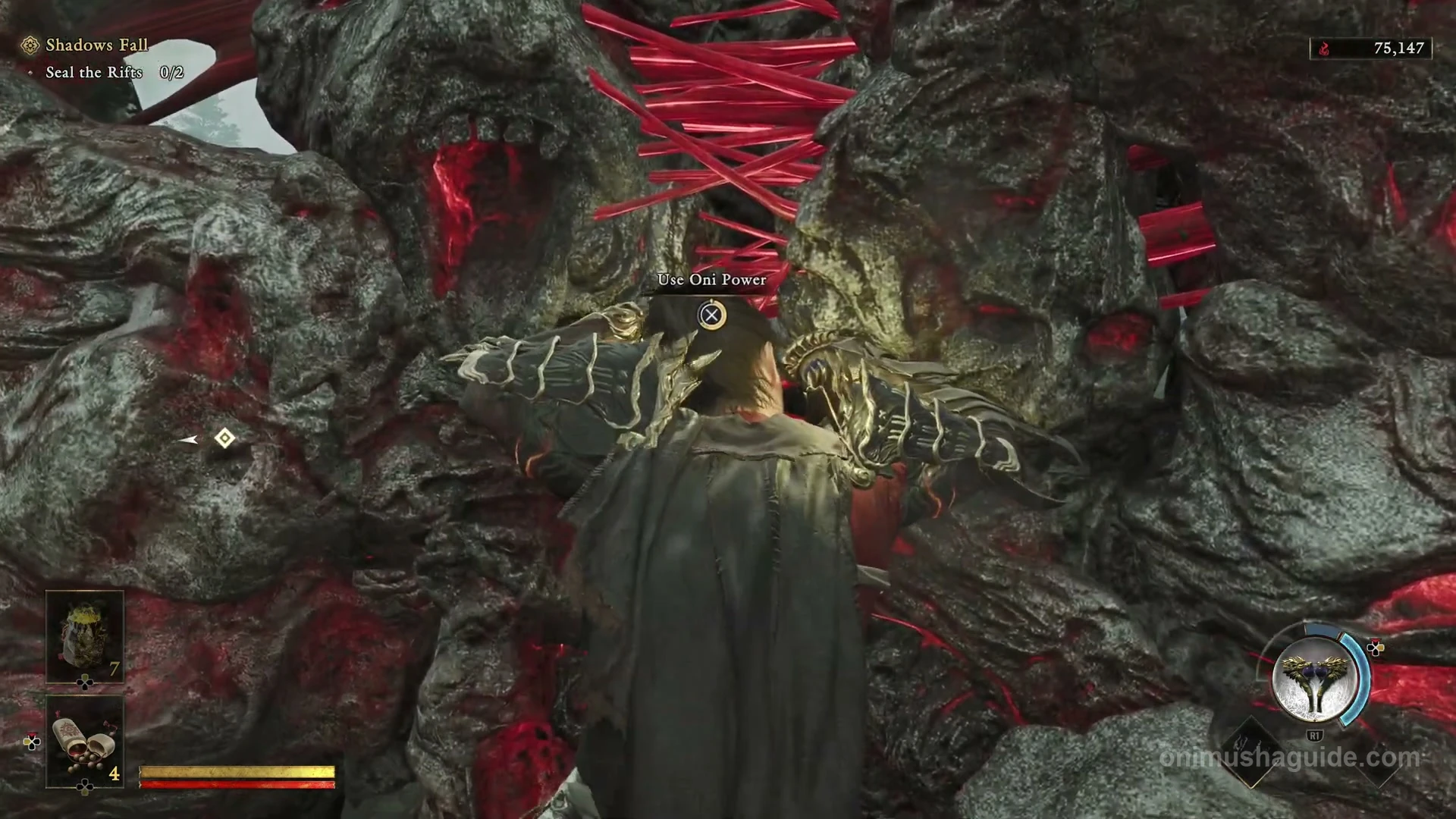 Use Oni Power prompt at the red-thread barrier beside a collapsed house