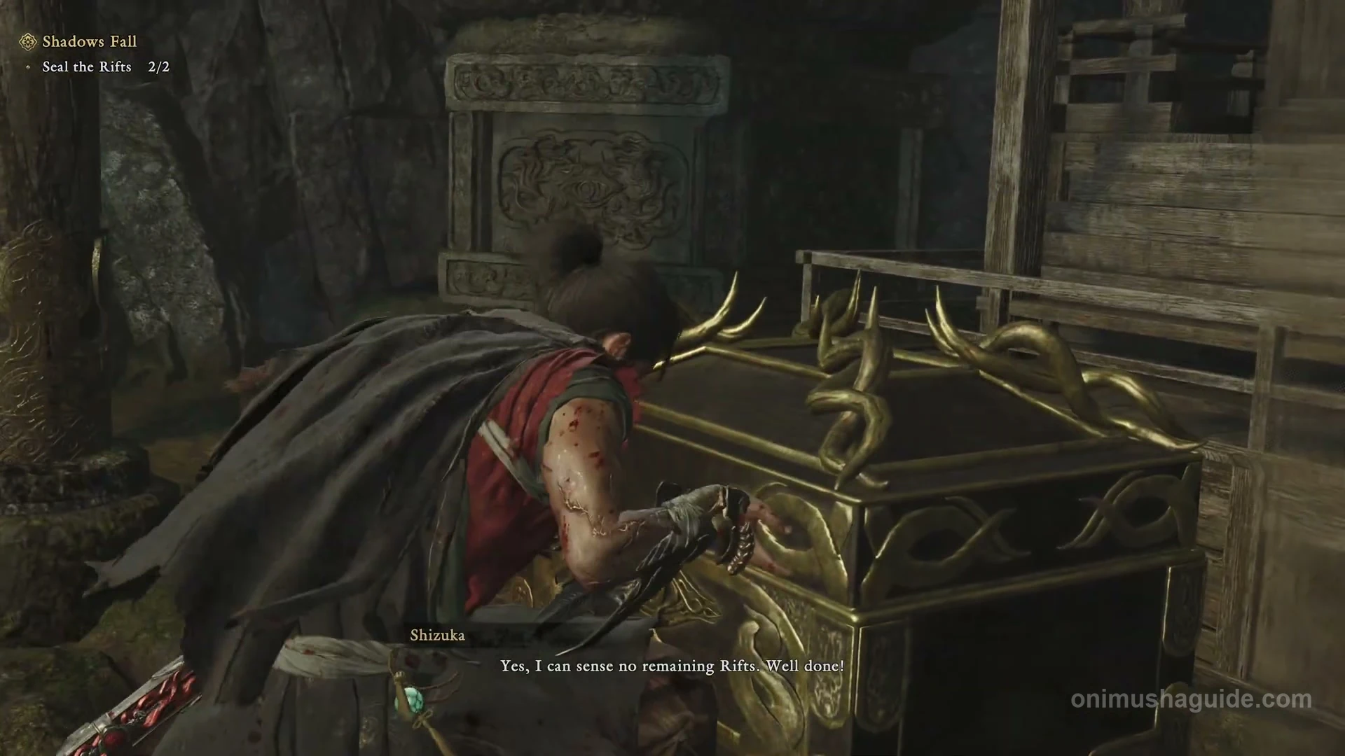 Gold-trimmed Firebird Flute chest in front of the shrine after both Rifts are sealed