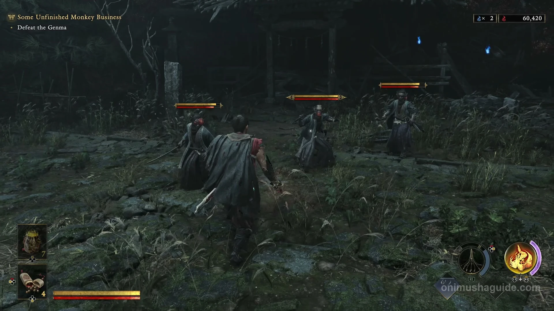 Three transformed Yoshioka followers spread across the Rendaino clearing