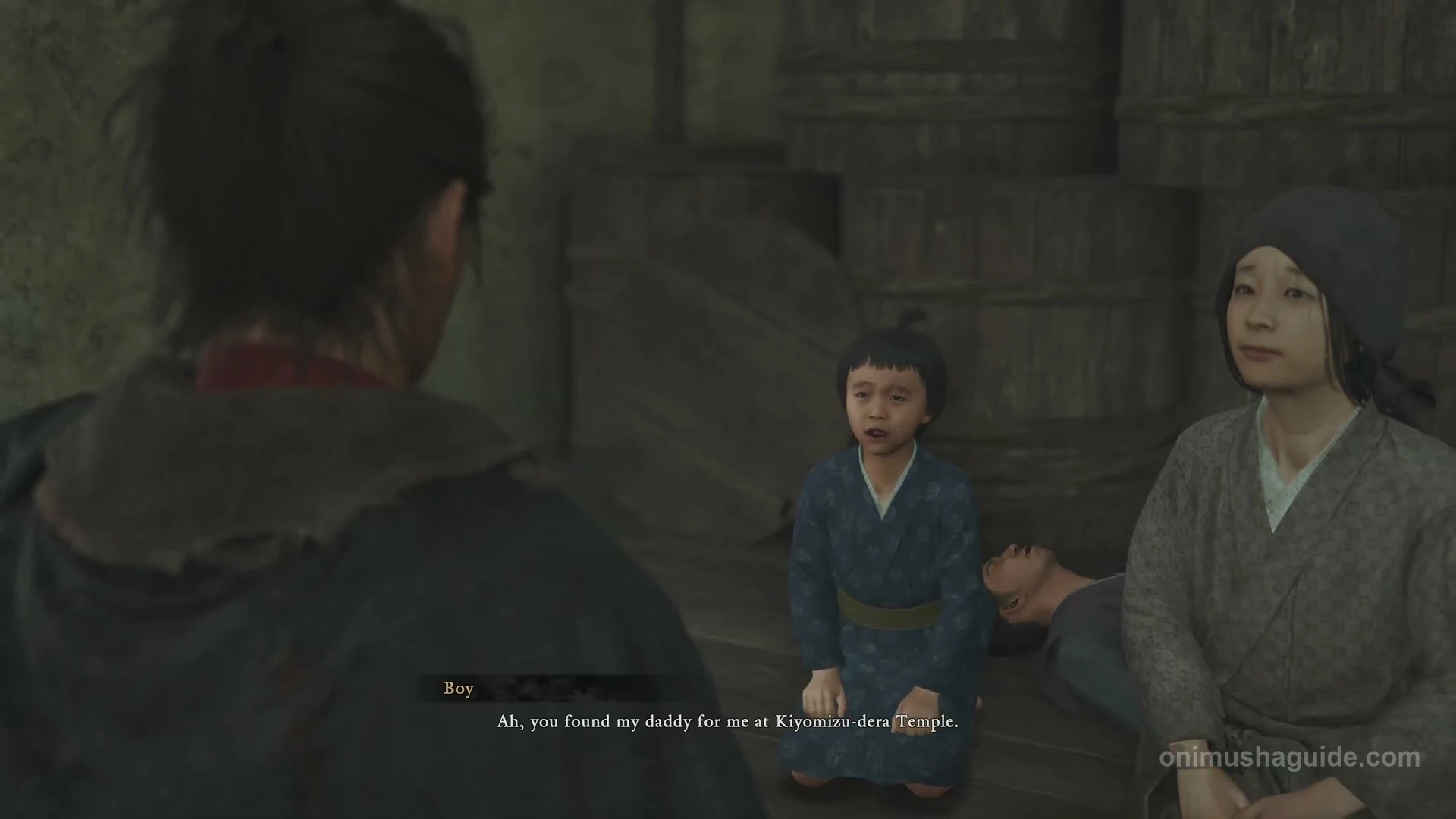Woman and boy beside the sick man inside the house on Kiyomizu-zaka Slope