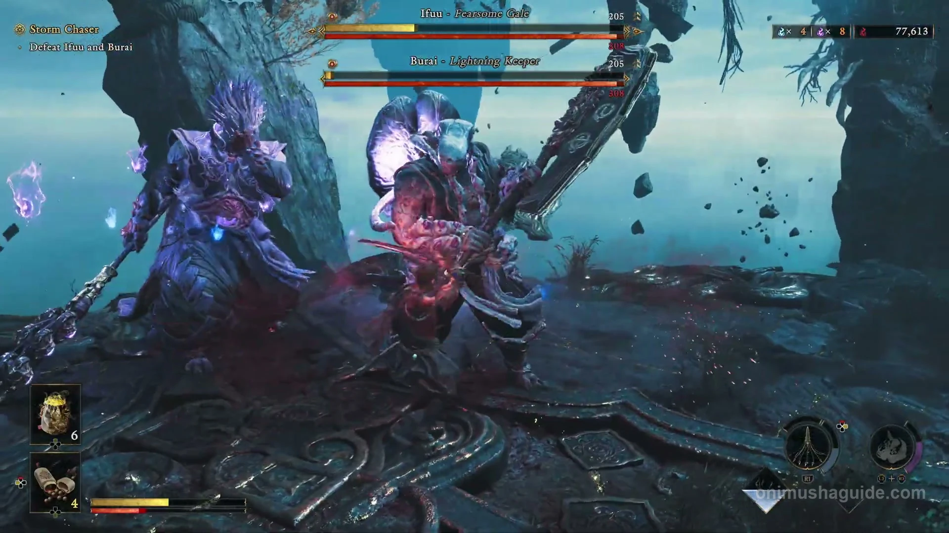 Ifuu and Burai fighting together in the floating arena with separate boss bars