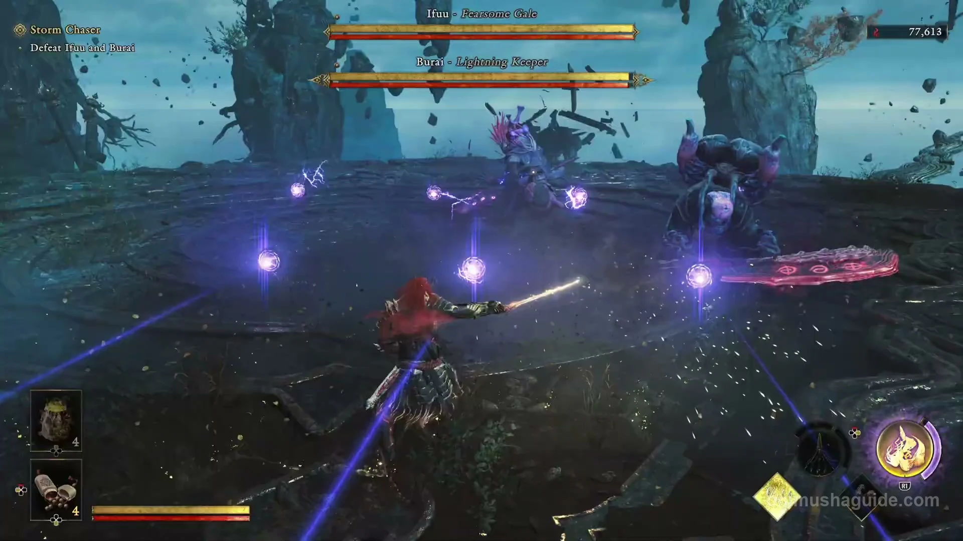 Burai's purple orbs and connecting floor lines while Ifuu remains active beside him