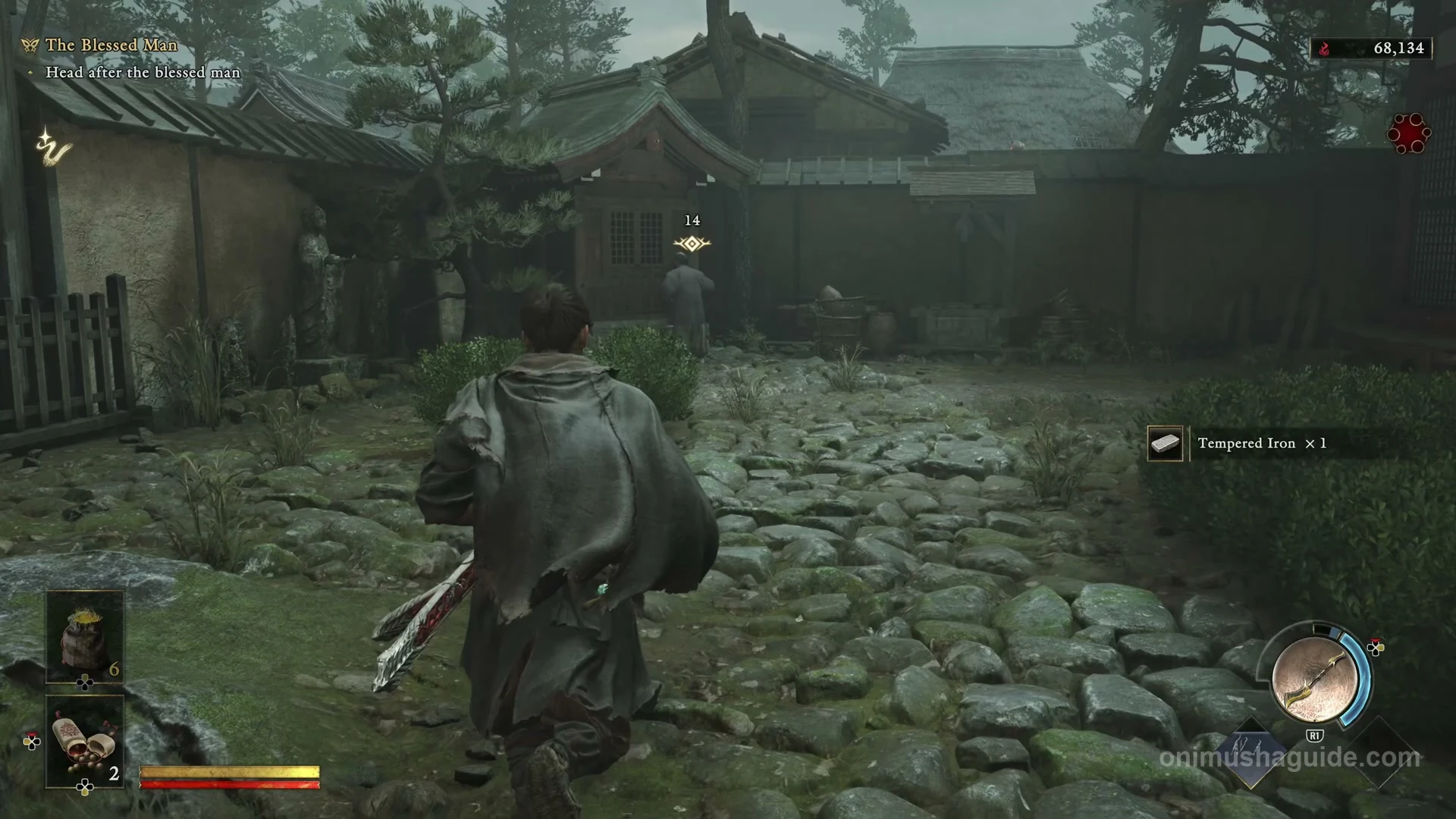 Strange Man beside the small shrine in the stone-paved temple courtyard