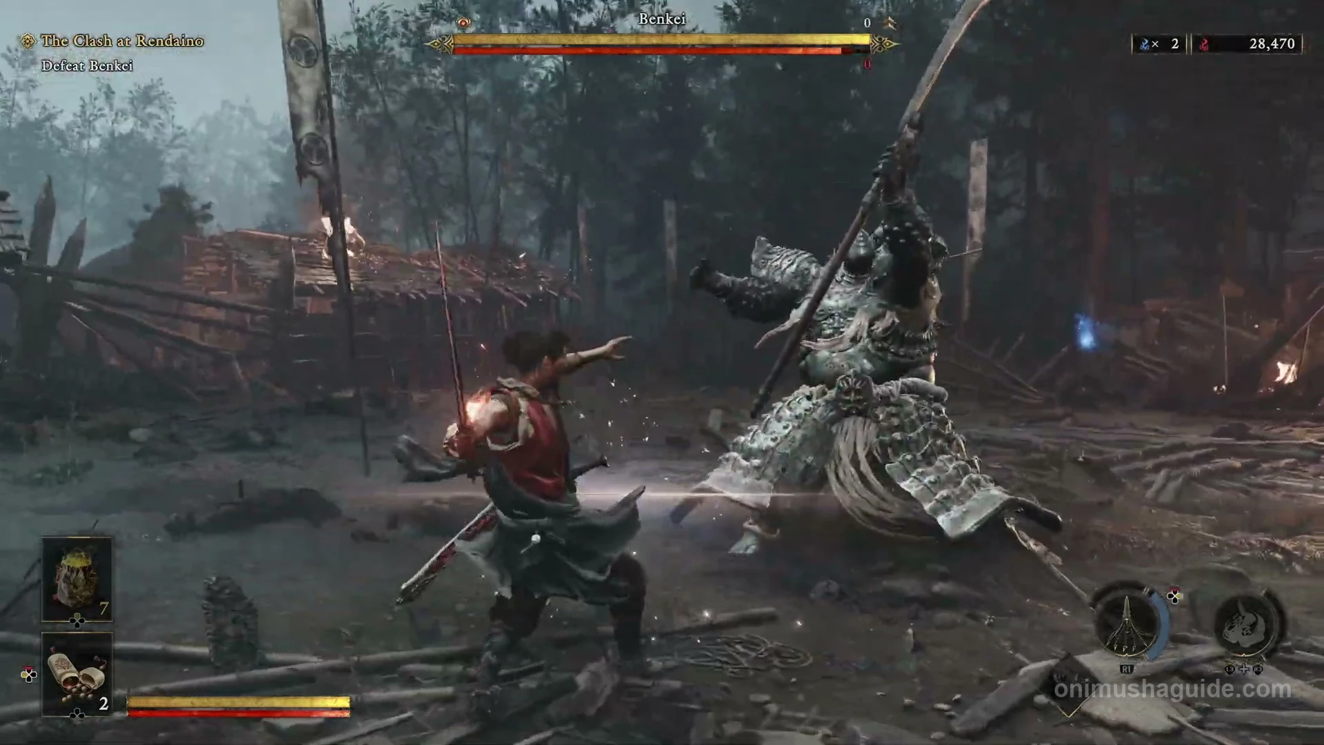 Benkei raising his long weapon overhead in the ruined village arena