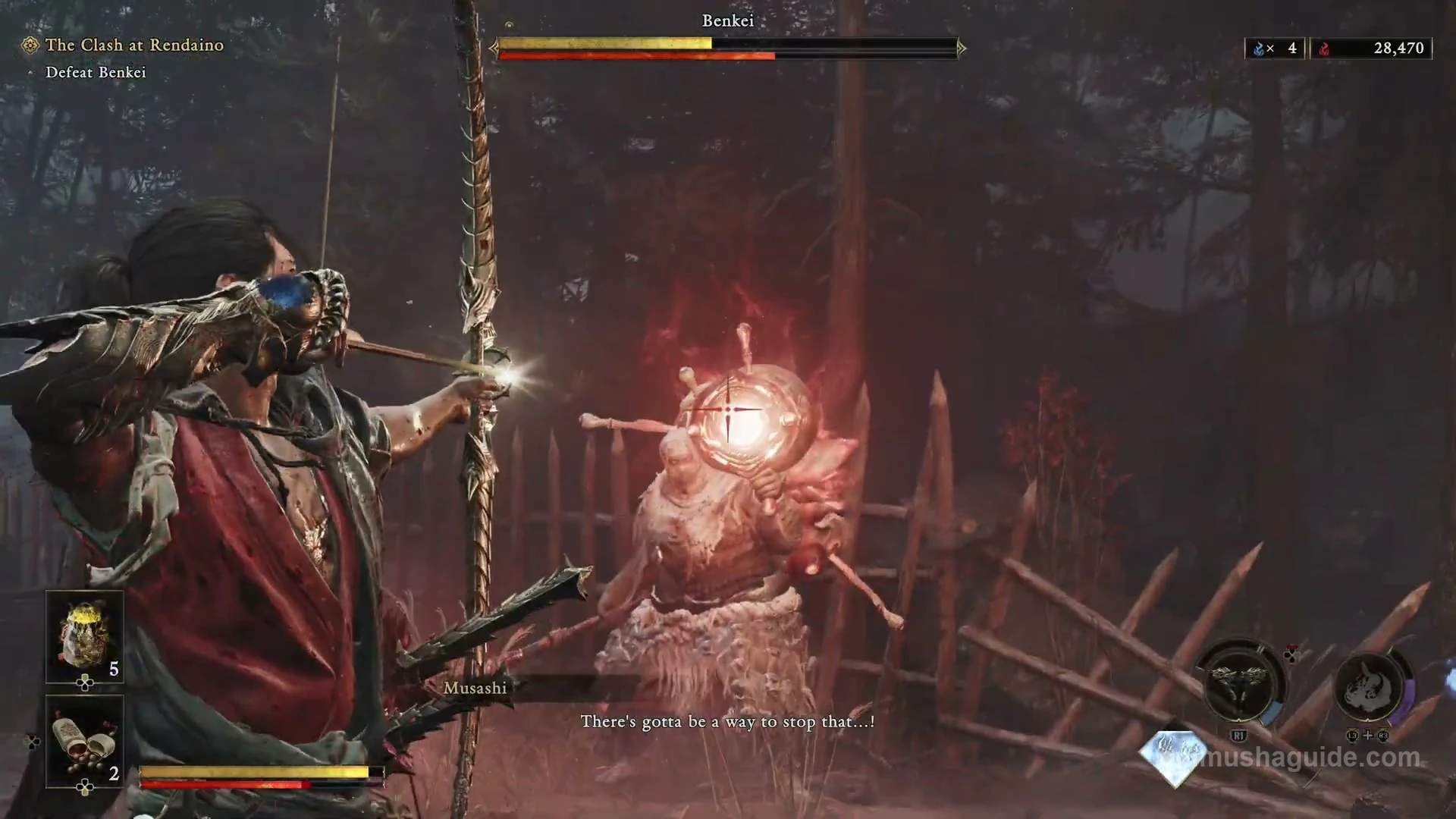 Bow aimed at the bright circular weak point on Benkei's head while his blade is burning