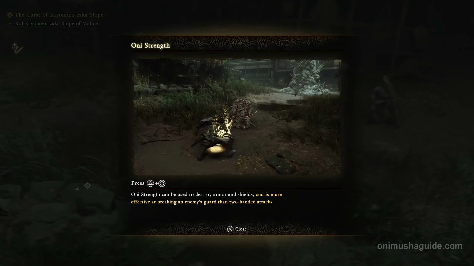 Oni Strength tutorial showing Triangle plus Circle and its use against armor and shields