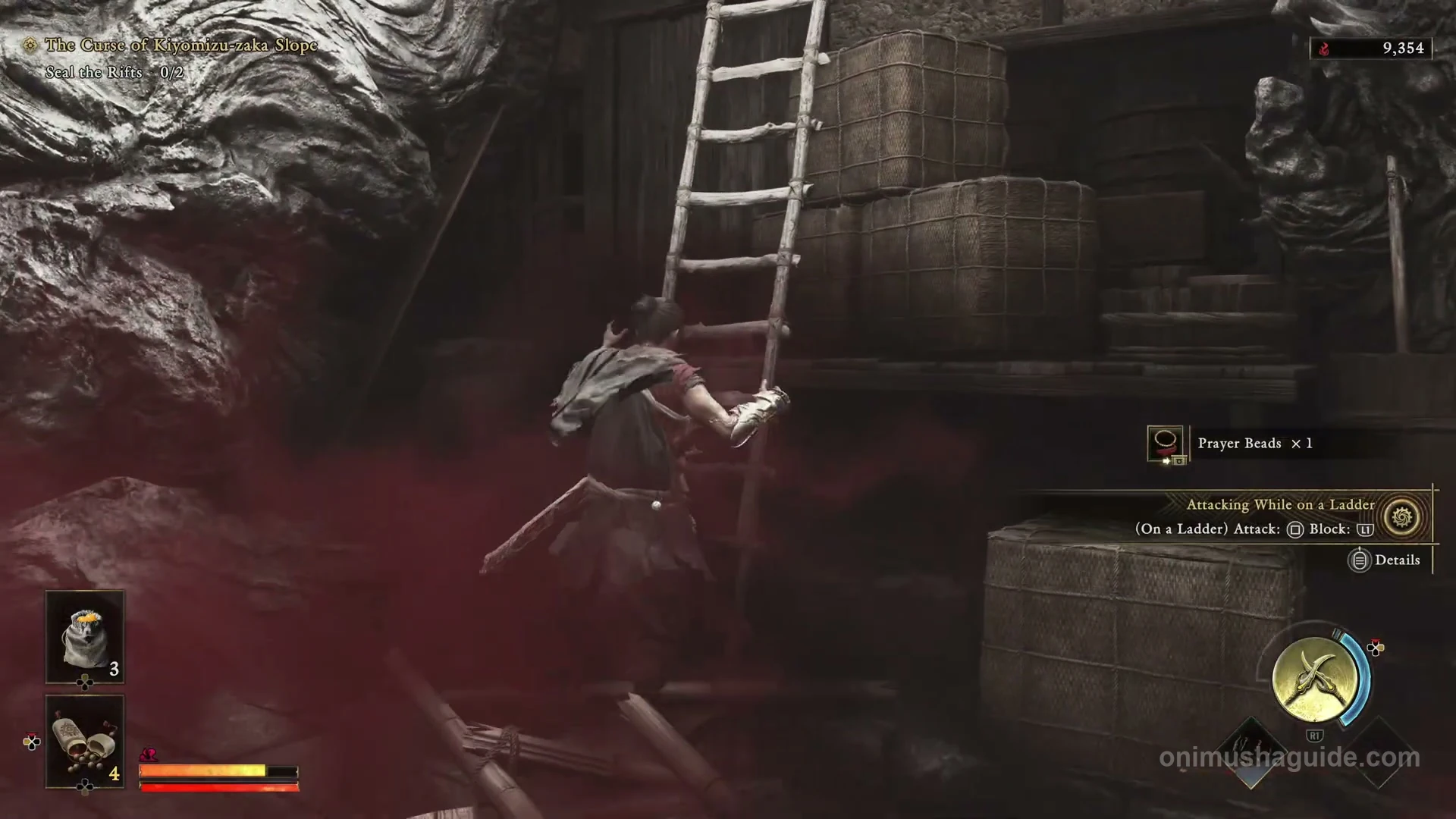 The first rooftop ladder beside stacked baskets and the large roots at the street's end