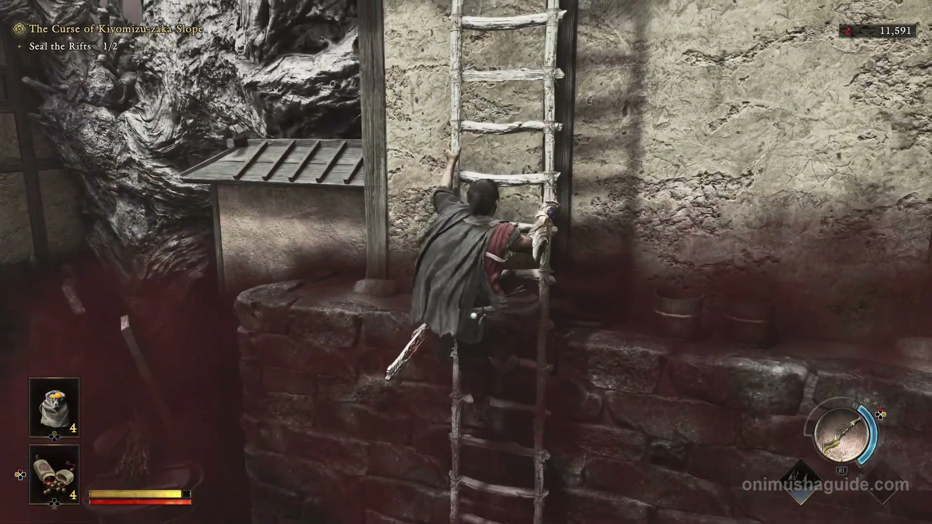 Plaster-wall ladder beside barrels leading to the two-stage climb near the second Rift