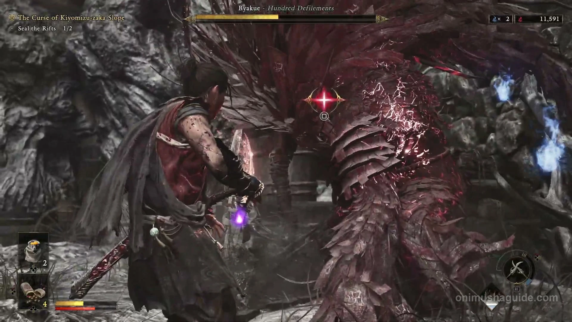 Byakue's red weak-point marker with a Square prompt during the second Rift fight