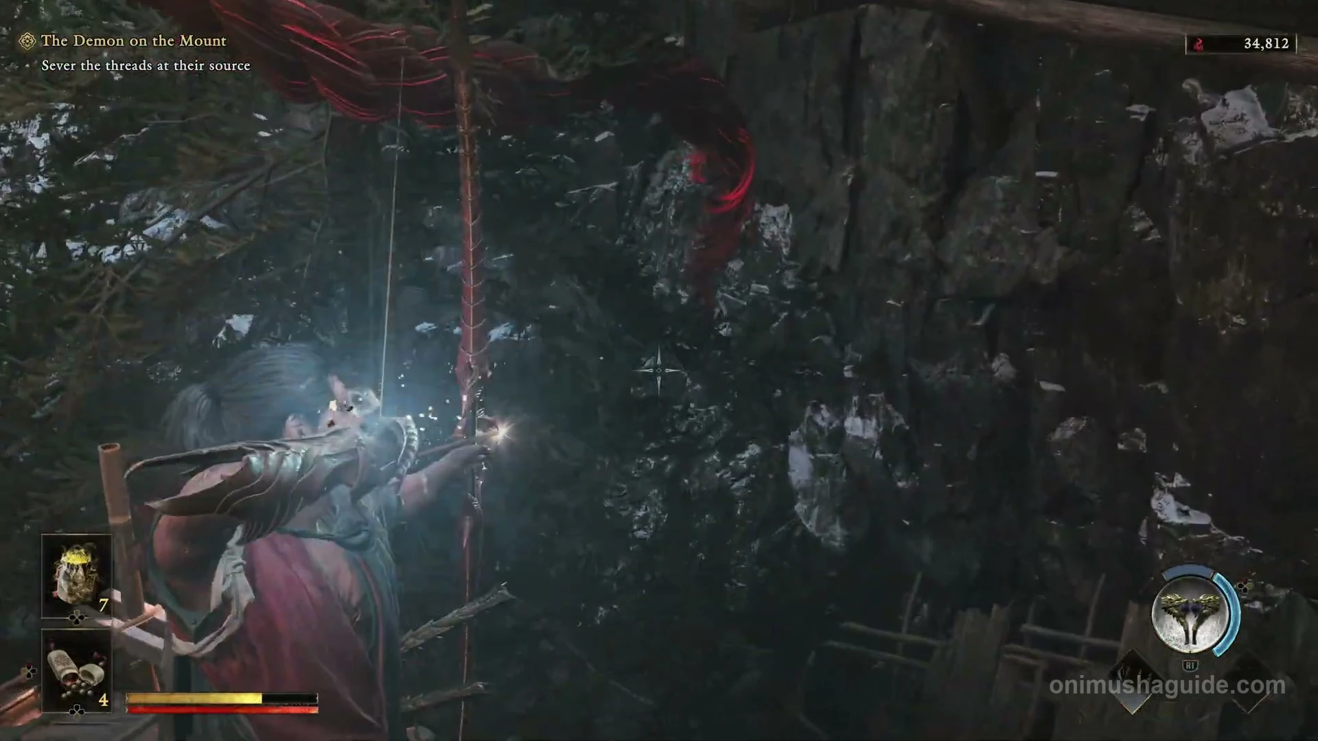 Bow aimed upward at the Weaver hanging above the roof beside the ladder