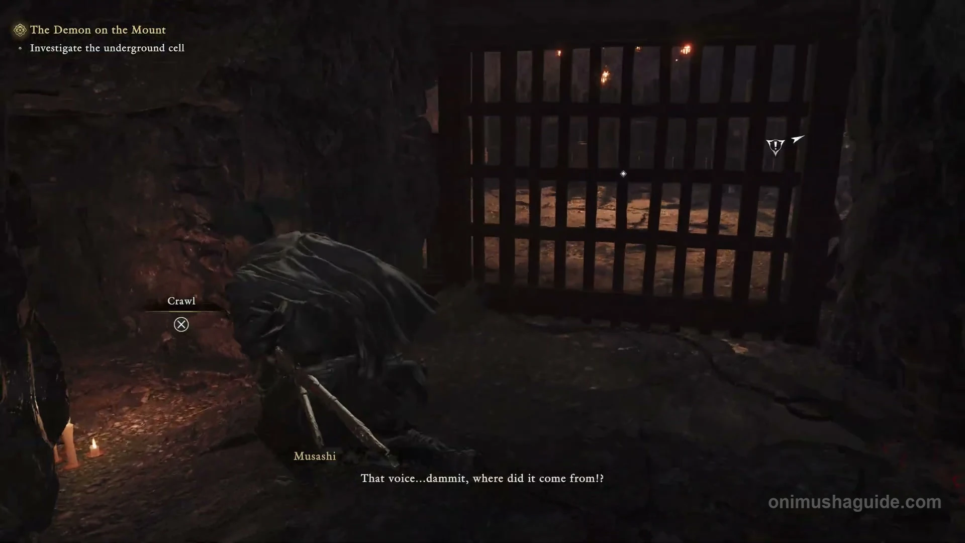 Low crawl opening beside the locked underground cell with the Cross prompt