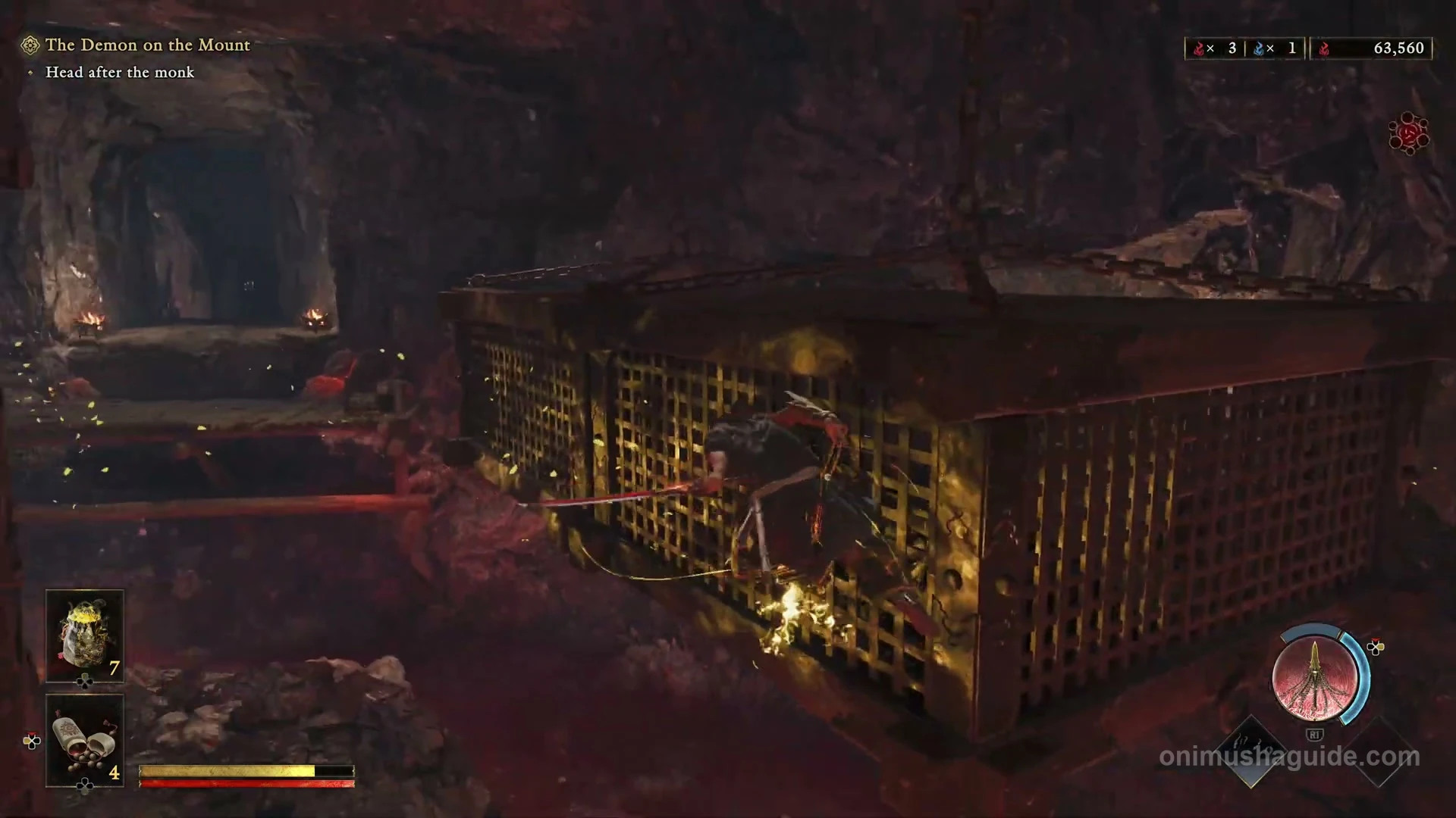Golden hanging cage providing the final crossing to the cleared cavern exit