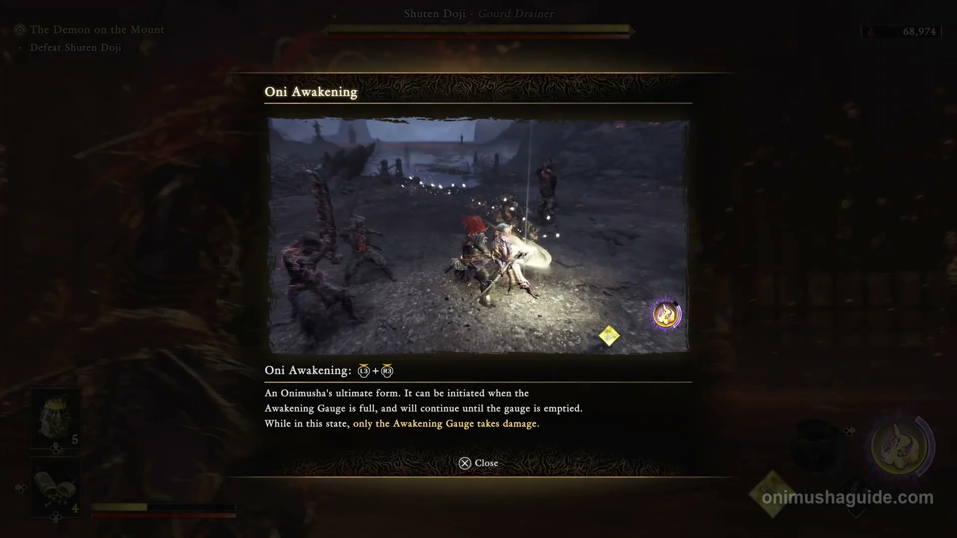 Oni Awakening tutorial showing L3 plus R3 and the full-gauge requirement