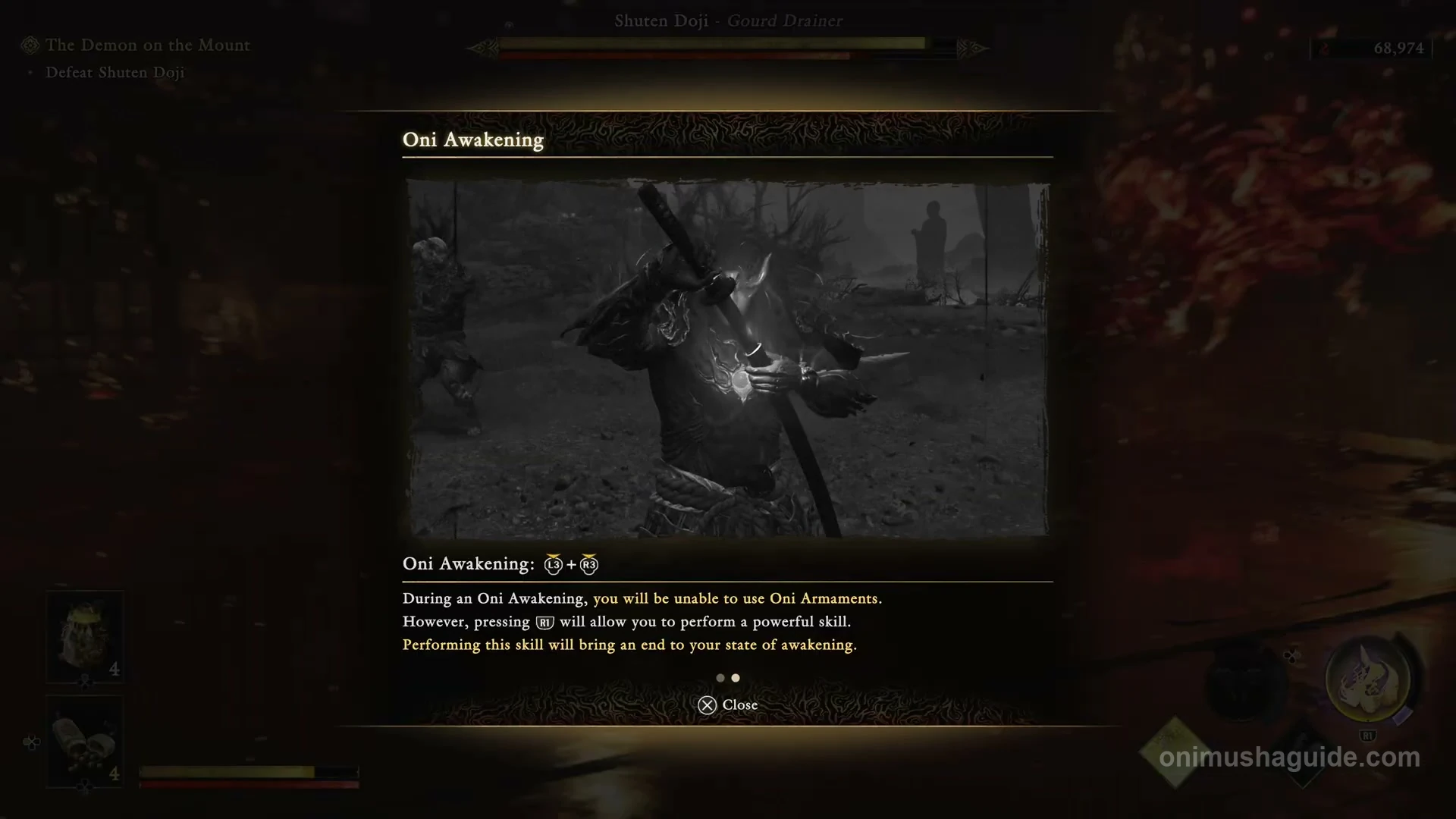 Tutorial explaining that R1 ends Oni Awakening and ordinary Oni Armaments are unavailable during it